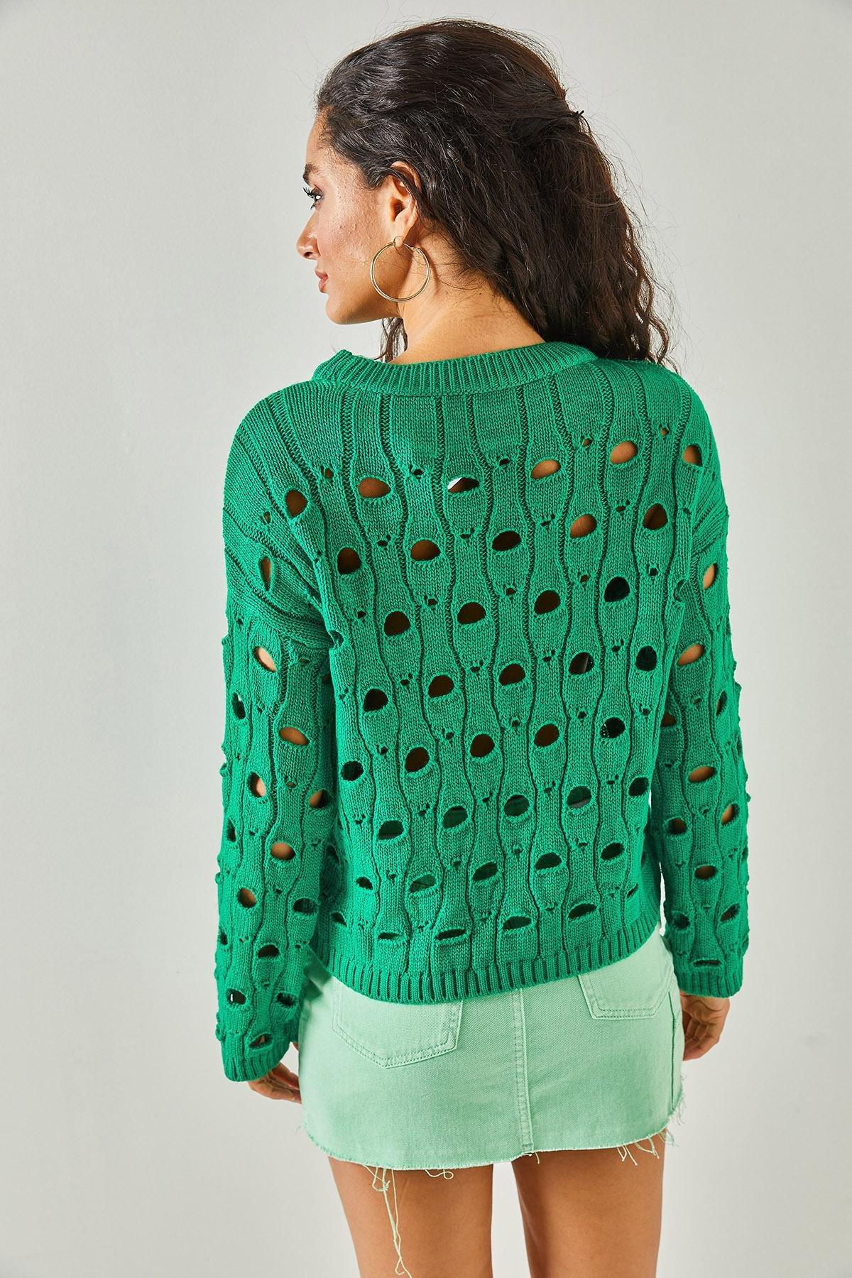 Green Large Hole Knitted Sweater, , large image number 4