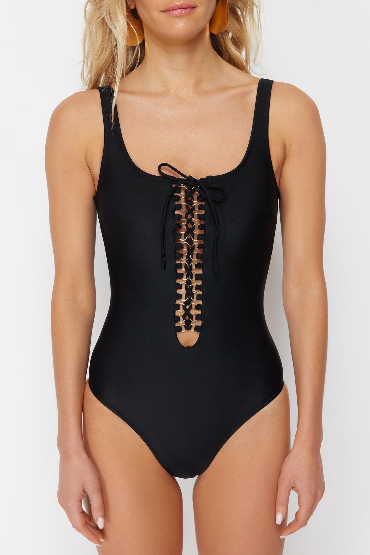 Black Square Neck Accessory Swimsuit, C101_2094, large image number 3