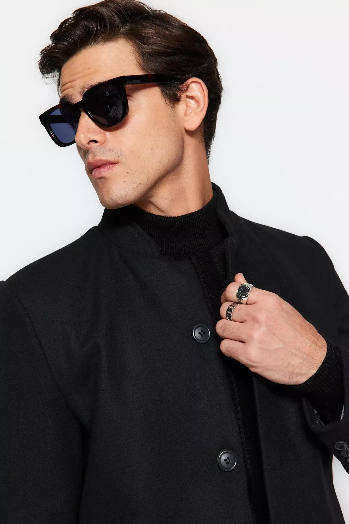 Black Collar Stamped Coat., BLACK, medium