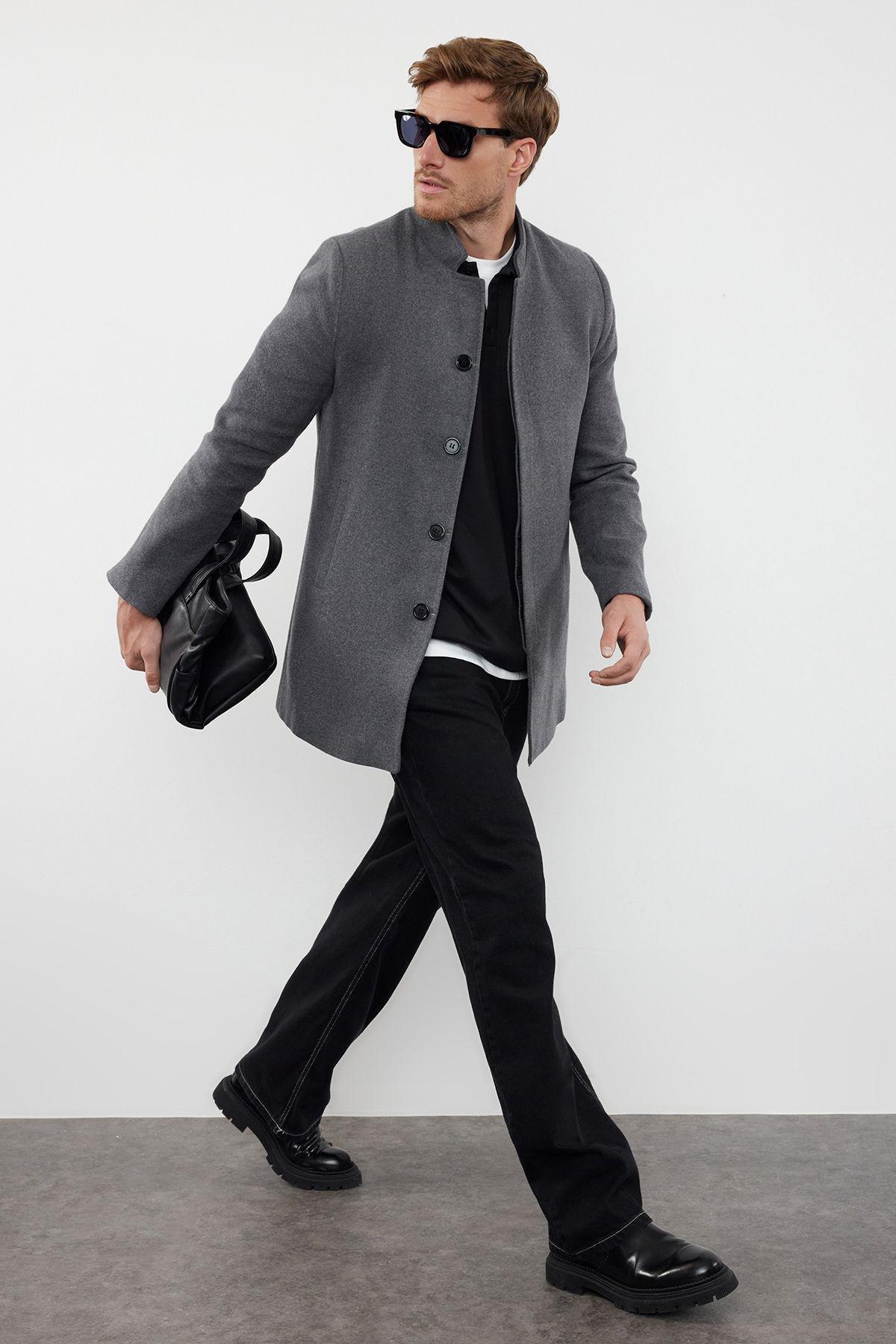 Grey Slim Fit Stand-up Collar Coat, , large image number 0