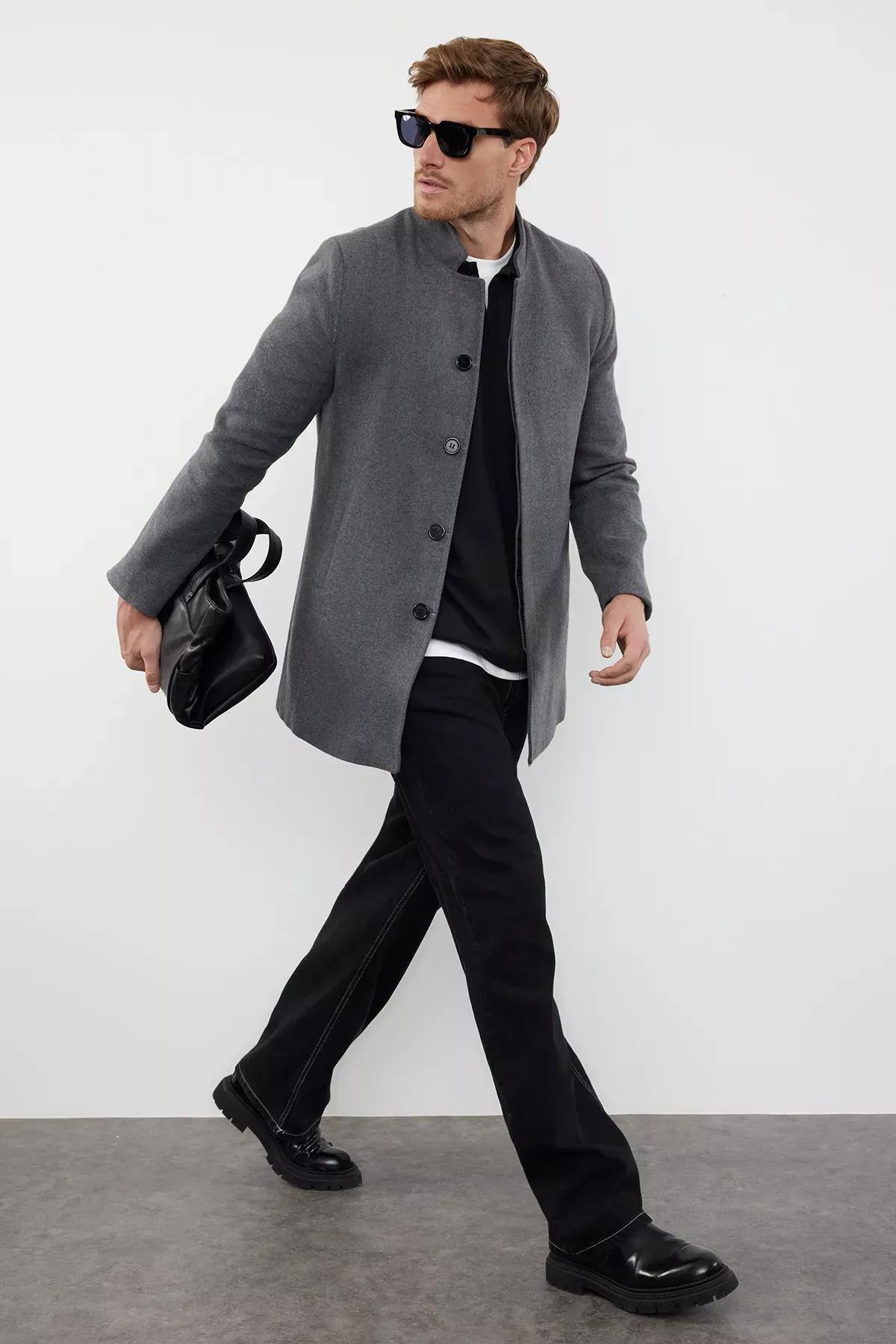 Grey Slim Fit Stand-up Collar Coat, , large image number 0