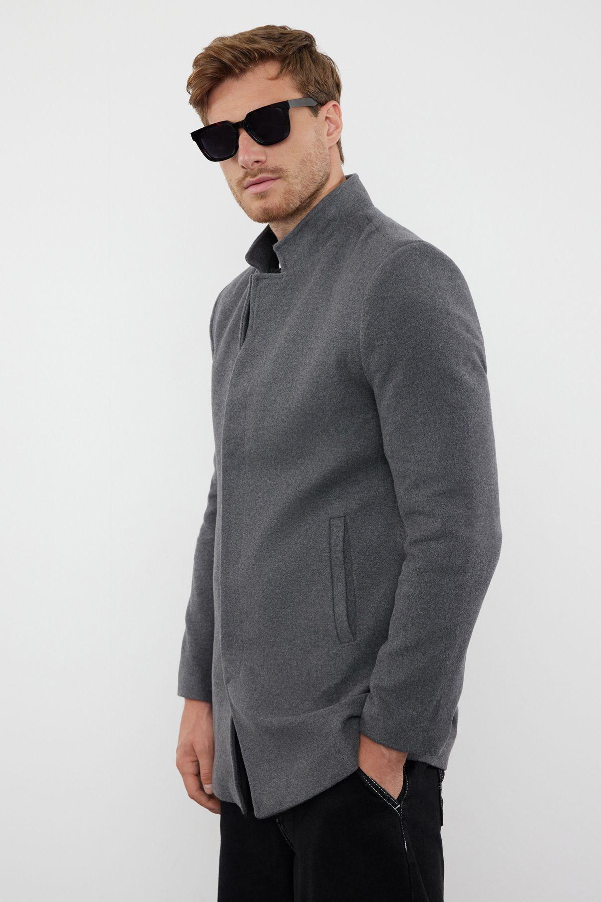 Grey Slim Fit Stand-up Collar Coat, , large image number 1