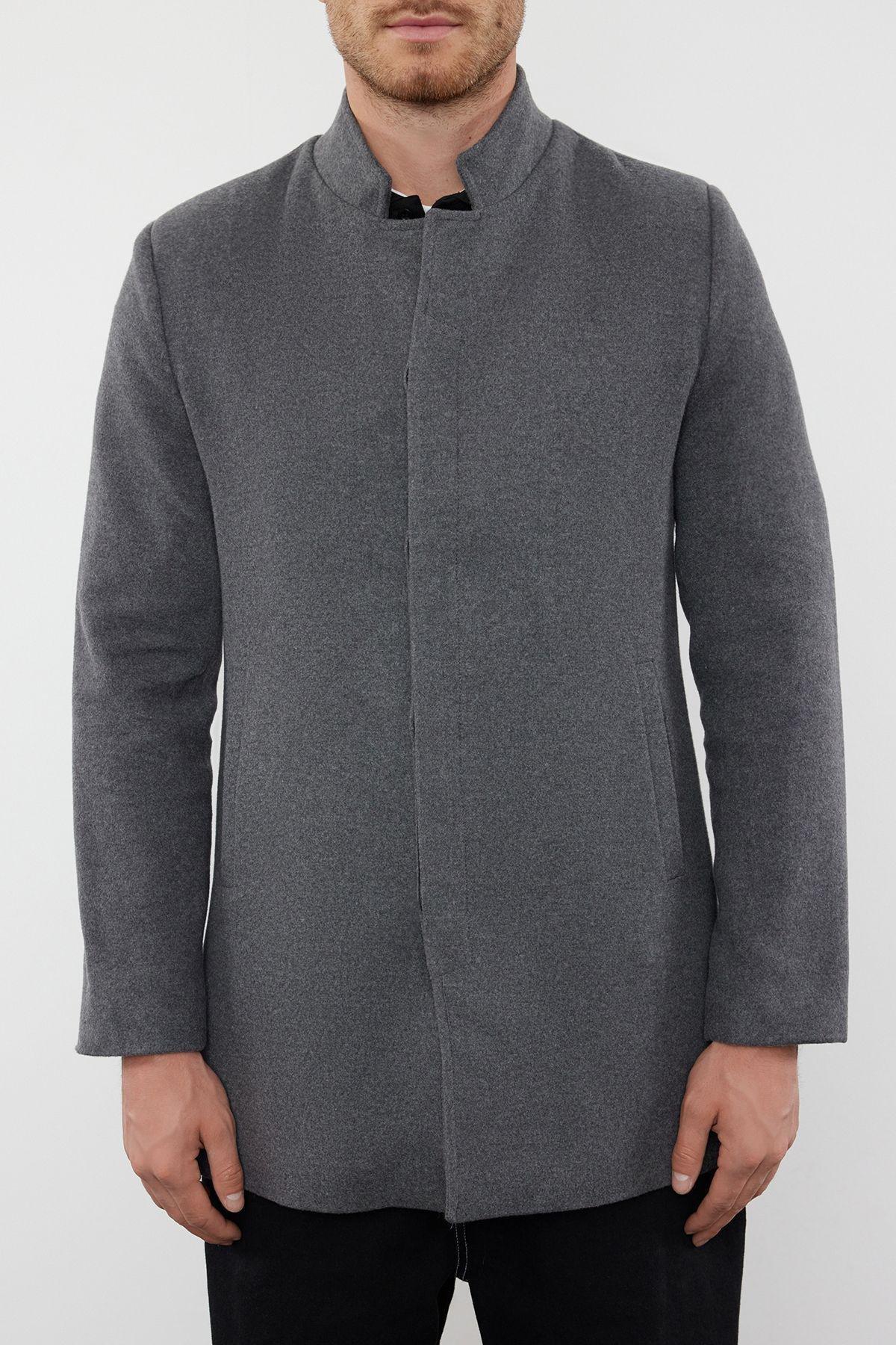 Grey Slim Fit Stand-up Collar Coat, , large image number 2