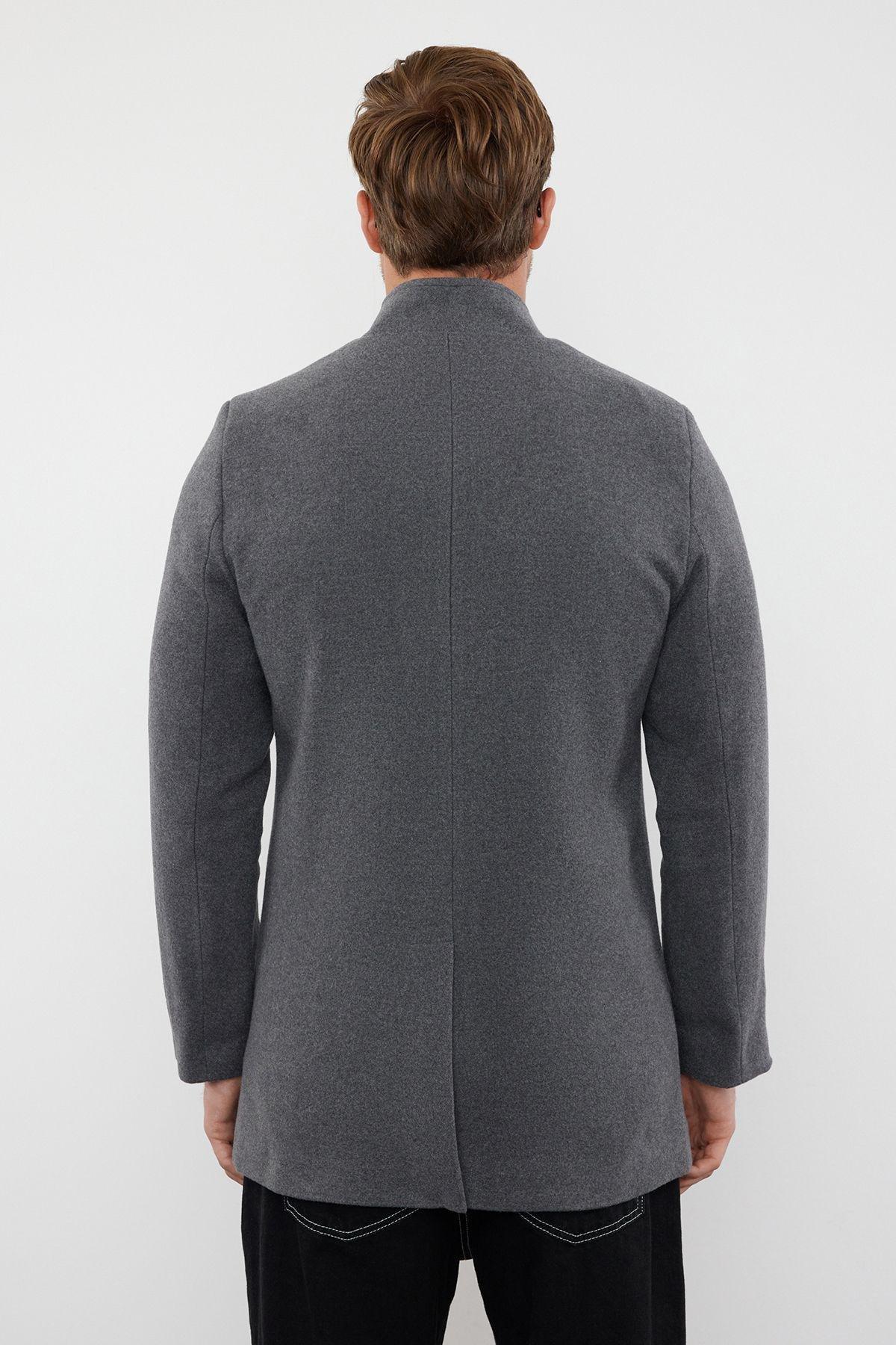 Grey Slim Fit Stand-up Collar Coat, , large image number 4