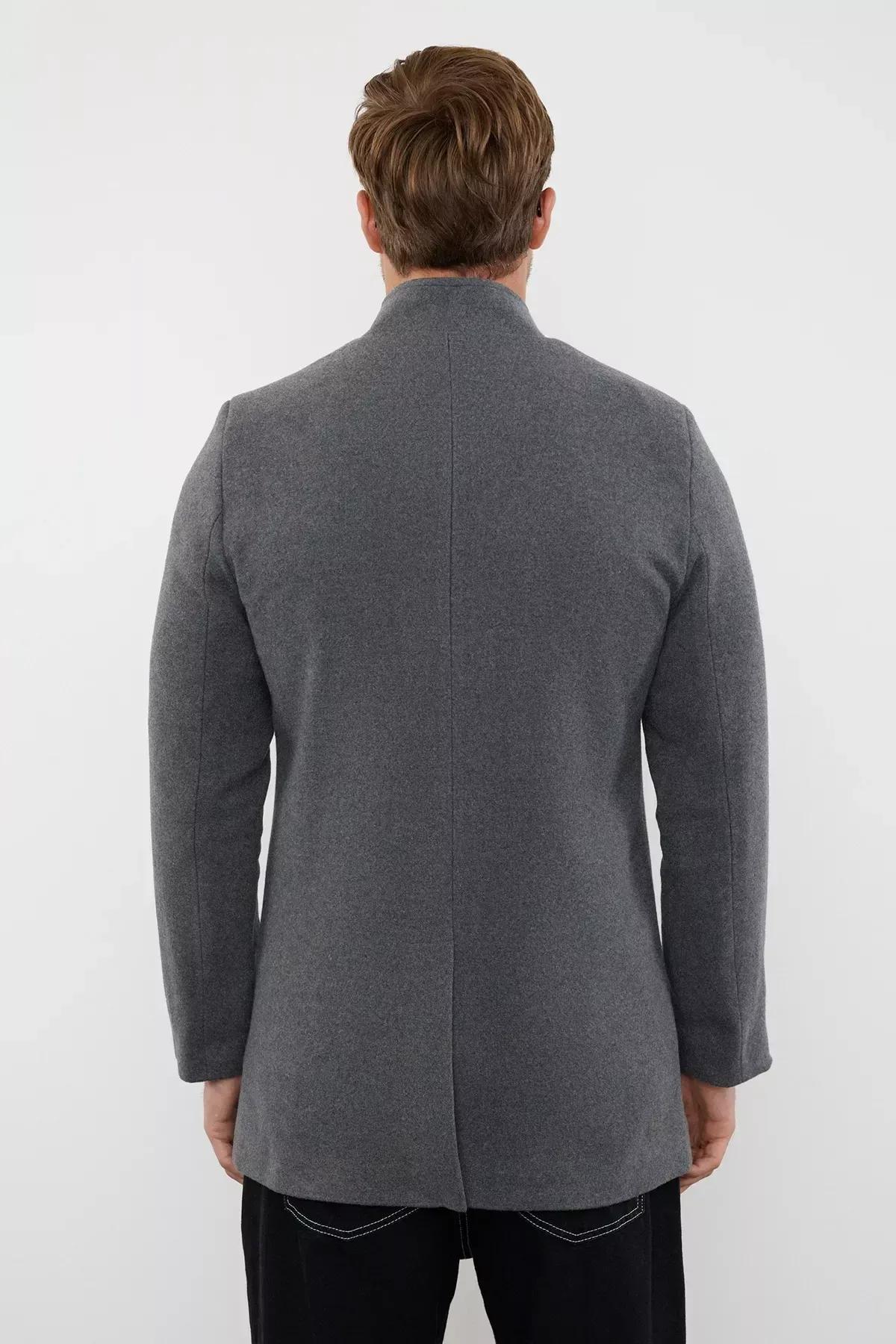 Grey Slim Fit Stand-up Collar Coat, Anthracite, large image number 4