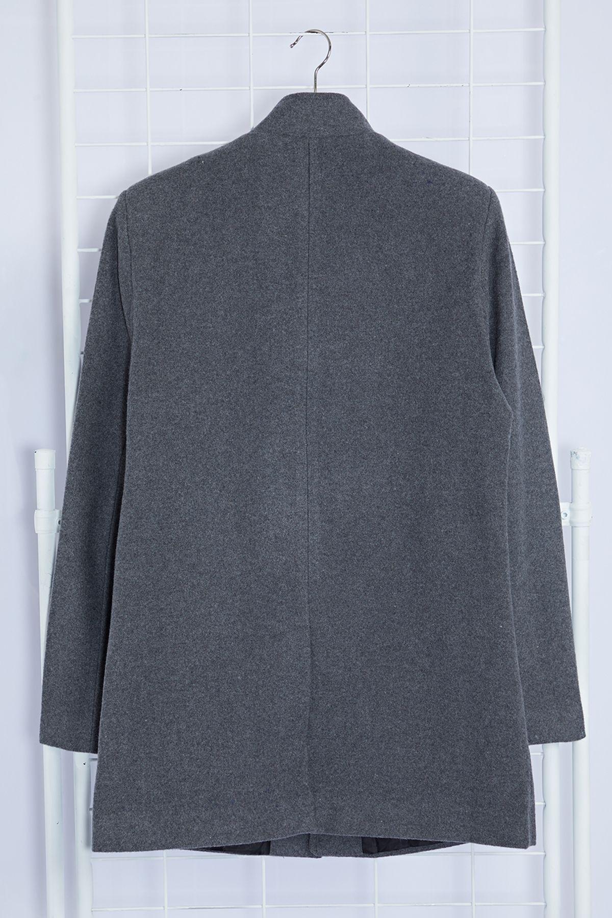 Grey Slim Fit Stand-up Collar Coat, , large image number 6