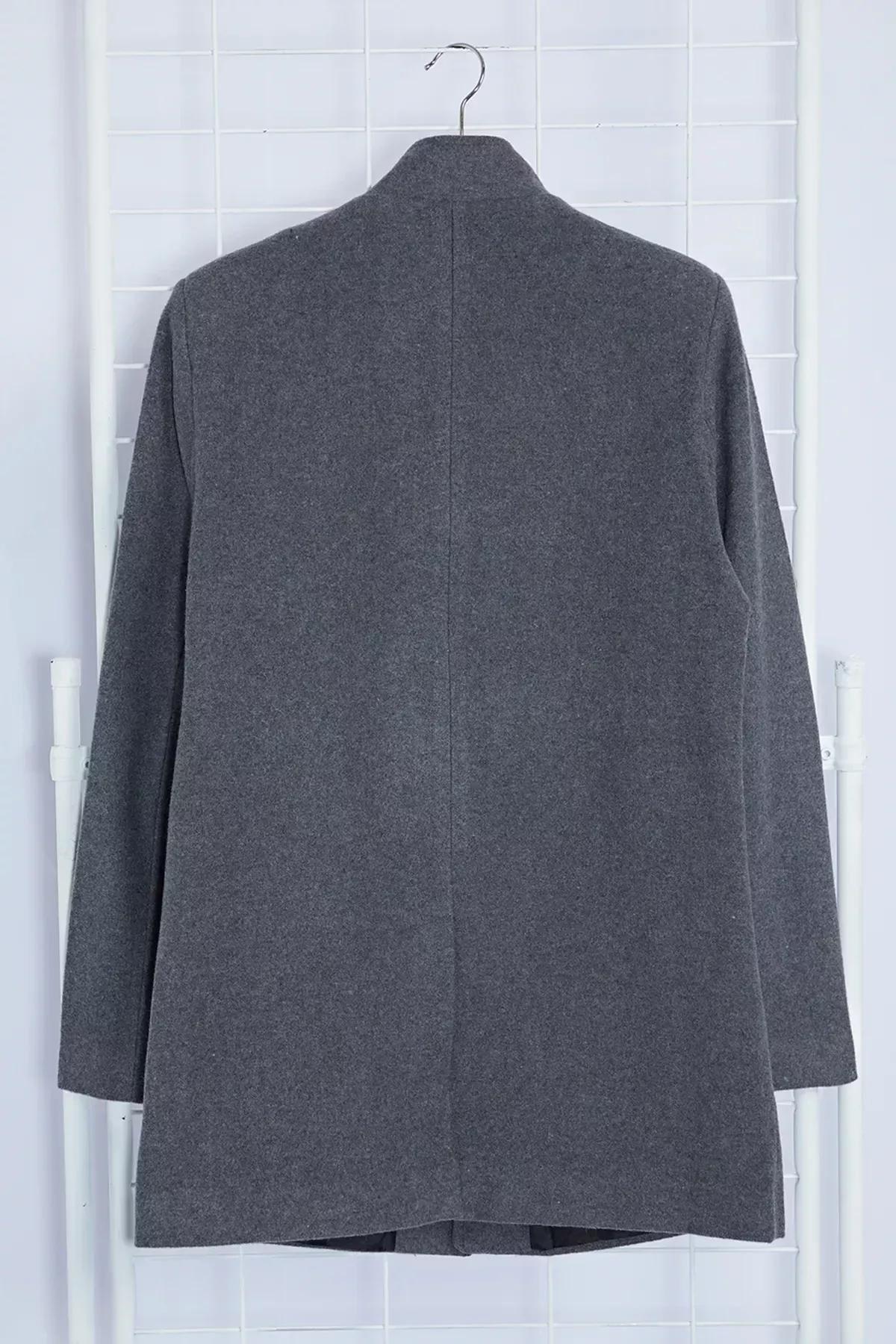 Grey Slim Fit Stand-up Collar Coat, Anthracite, large image number 6