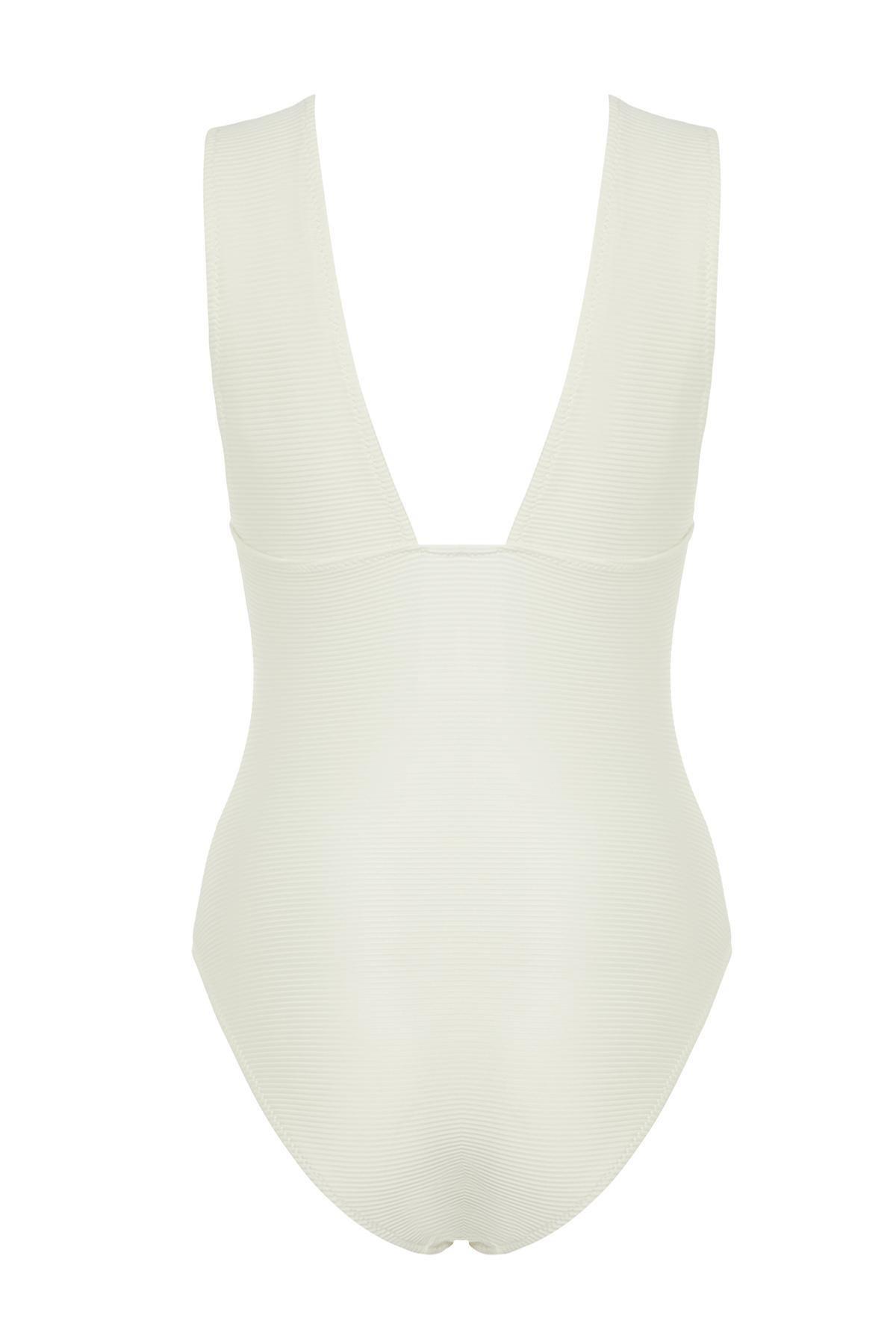 Ecru V-Neck Textured Swimsuit, C101_1635, large image number 6