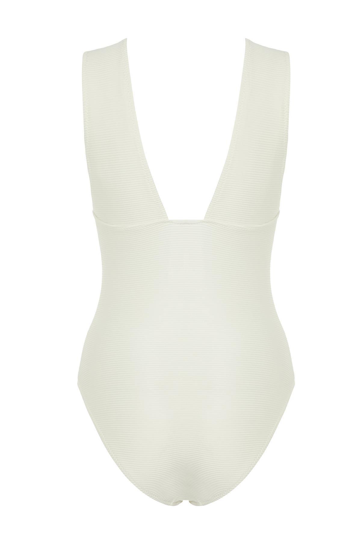 Trendyol - Ecru V-Neck Textured Swimsuit