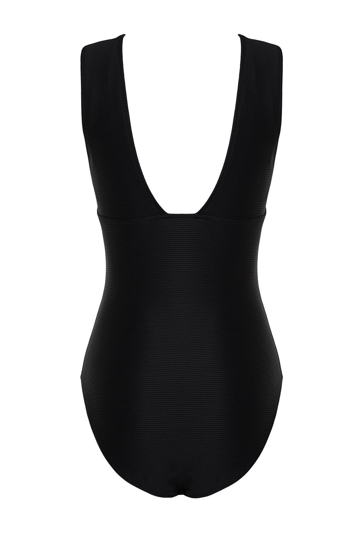 Trendyol - Black V-Neck Textured Regular Swimsuit