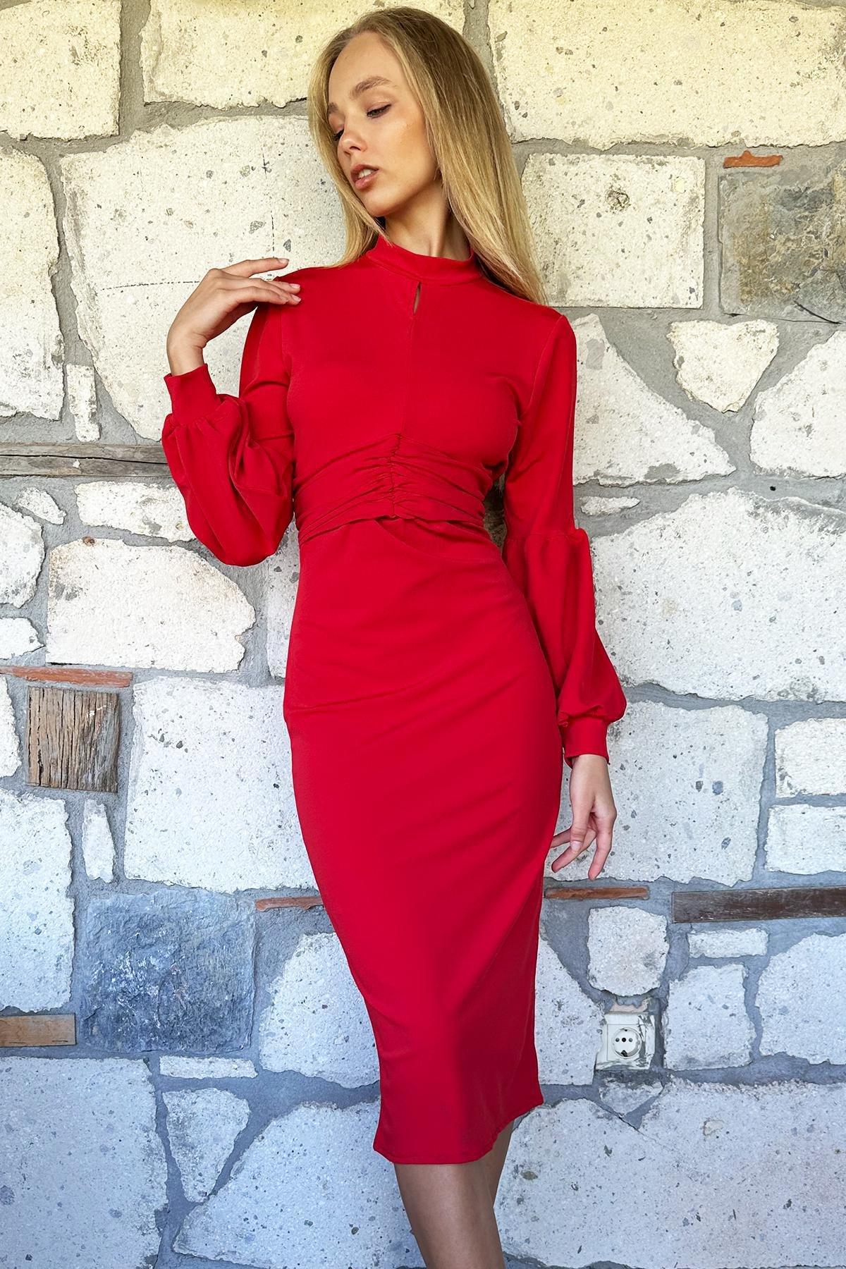 Red Waist Draped High Neck Allon Sleeve Dress, , large image number 3