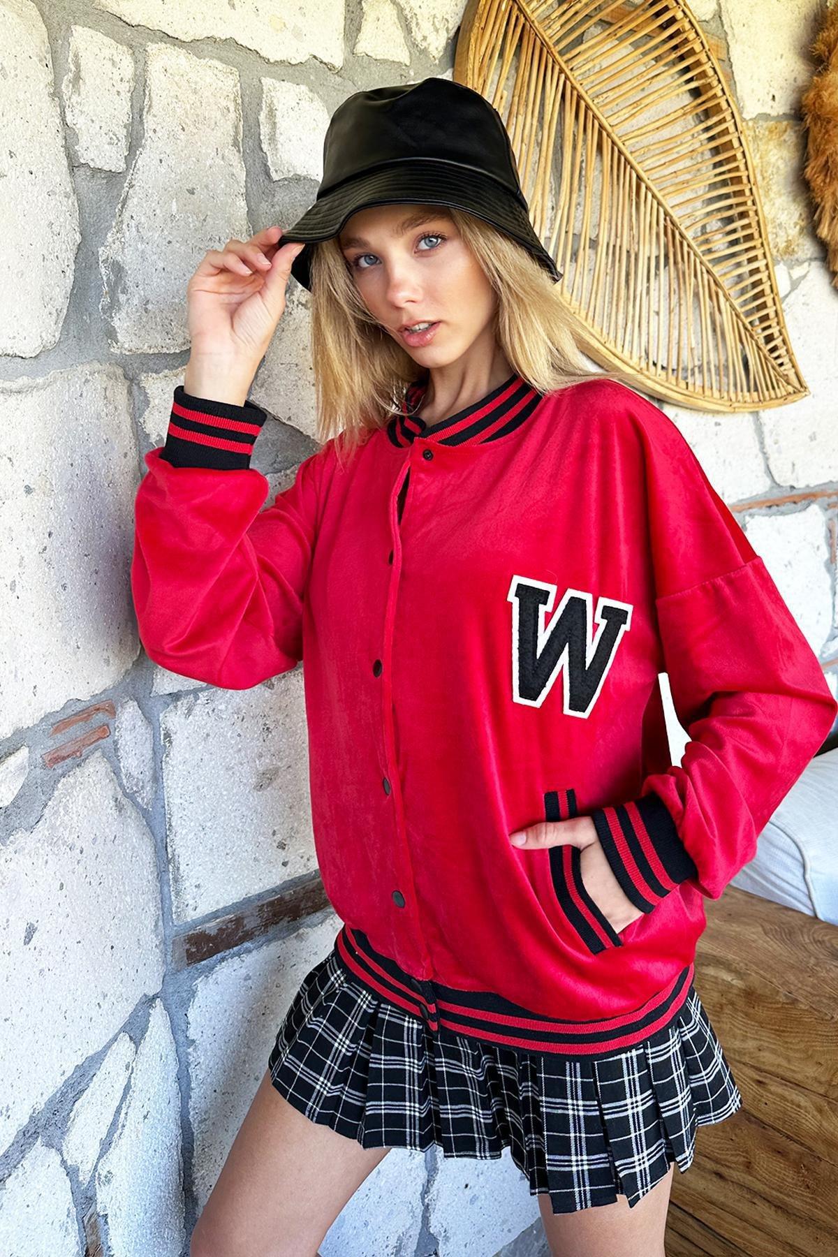 Red Ribbed Velvet Bomber Jacket, , large image number 0