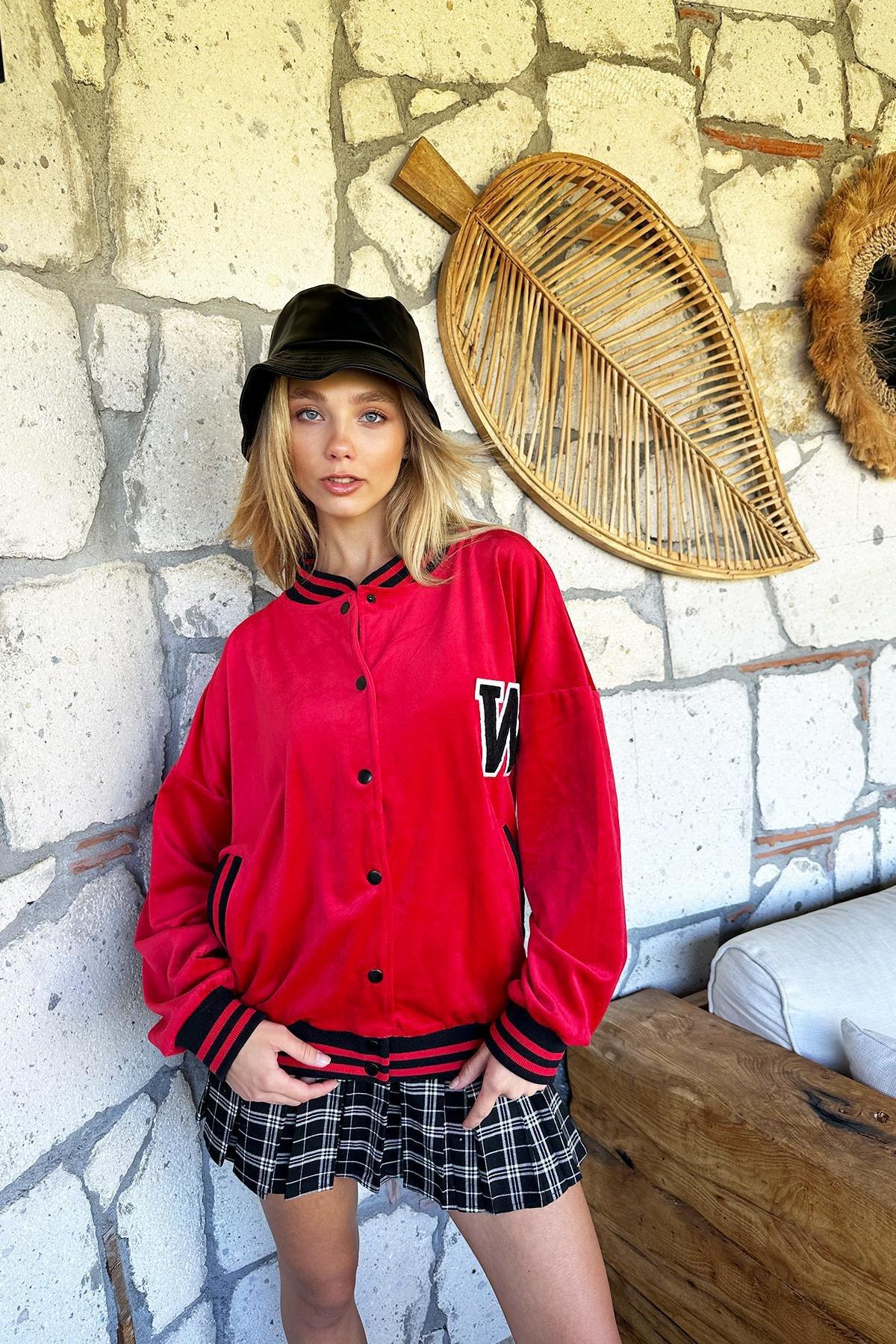 Red Ribbed Velvet Bomber Jacket, , large image number 1