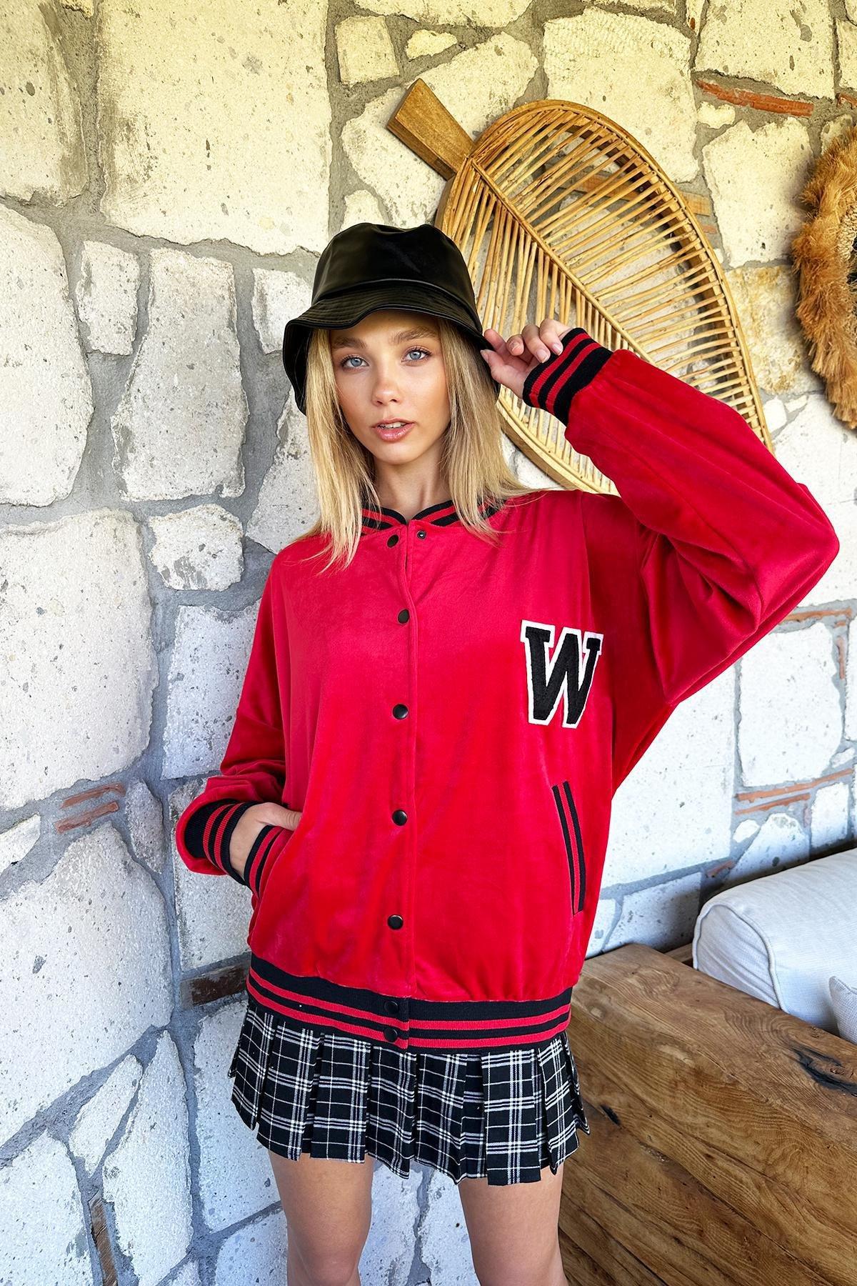 Red Ribbed Velvet Bomber Jacket, , large image number 2