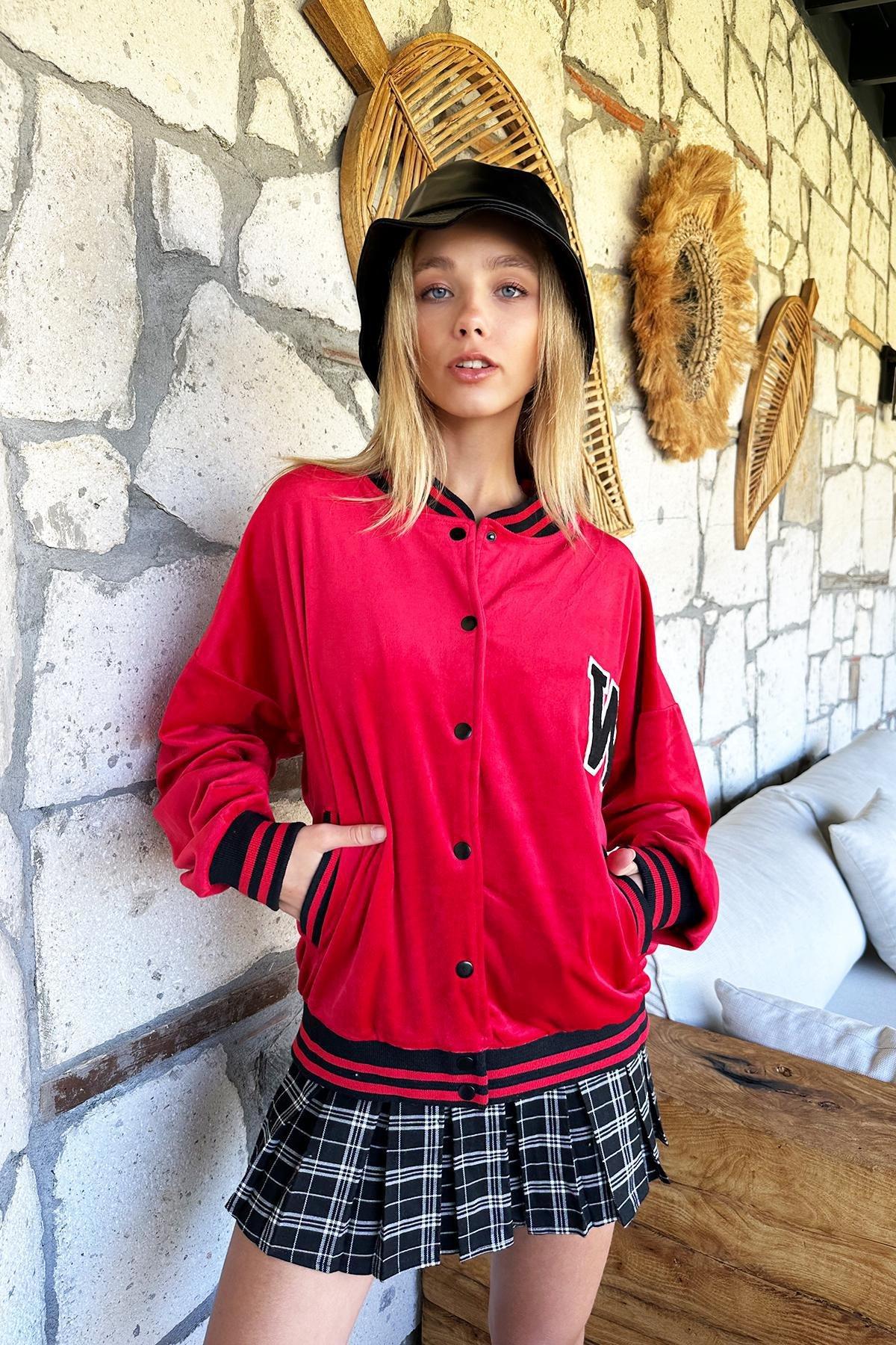 Red Ribbed Velvet Bomber Jacket, , large image number 3