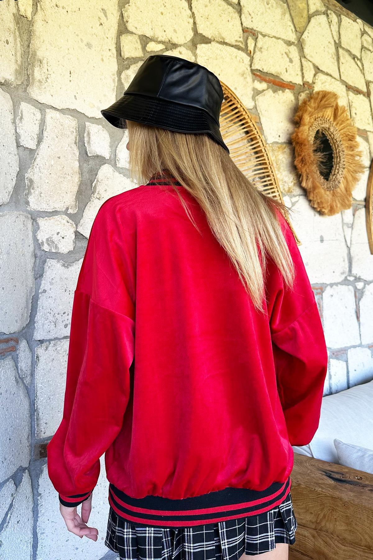 Red Ribbed Velvet Bomber Jacket, , large image number 4