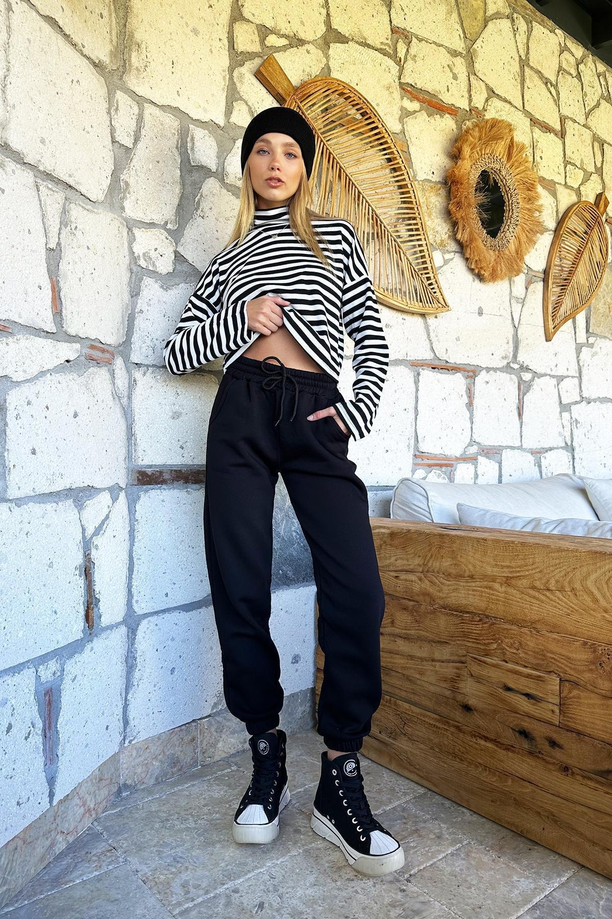 Womens Black 3-Threads Intercalated Jogging Jogging Pants ALC-X10929, single, BLACK, medium