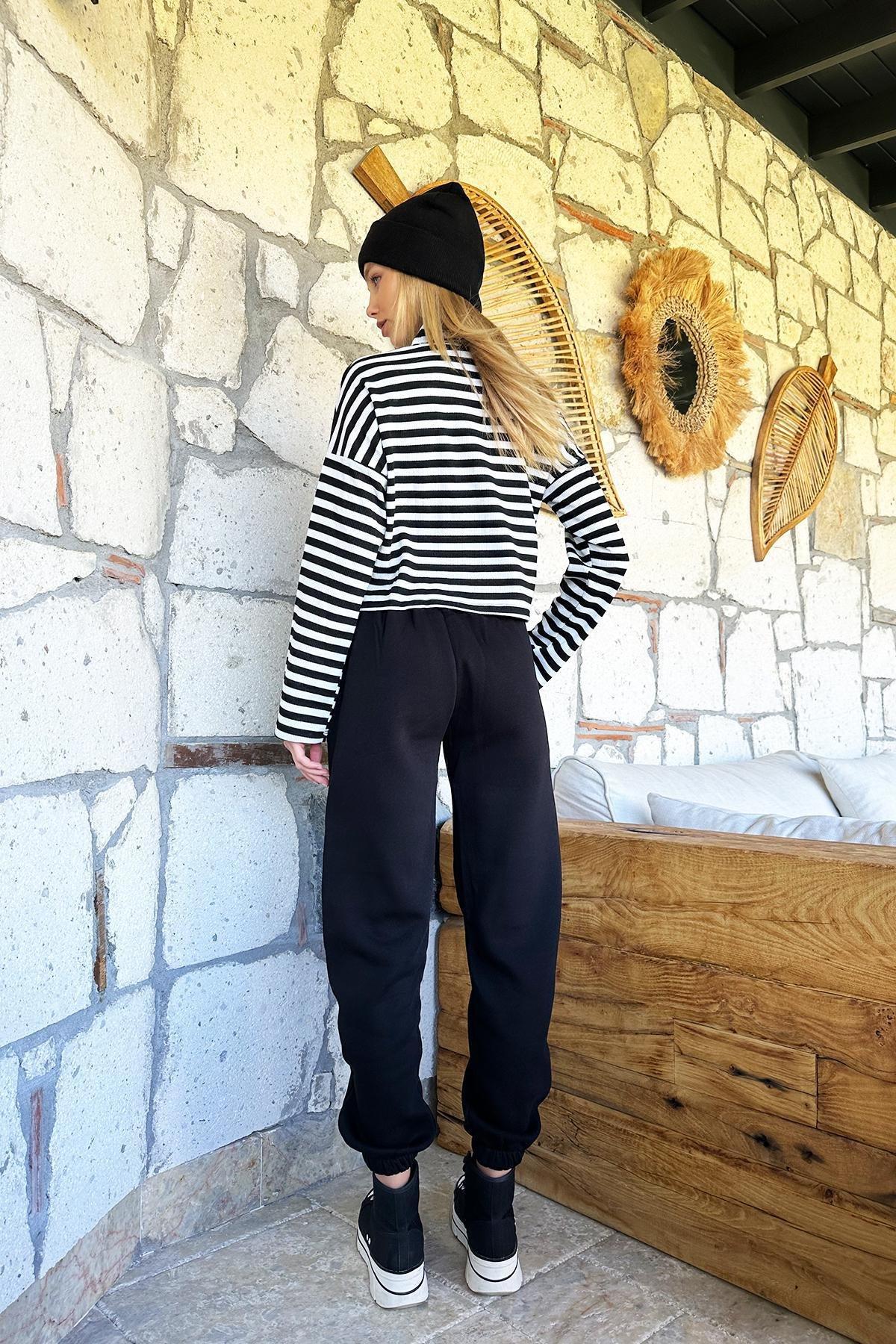 Womens Black 3-Threads Intercalated Jogging Jogging Pants ALC-X10929, single, BLACK, medium