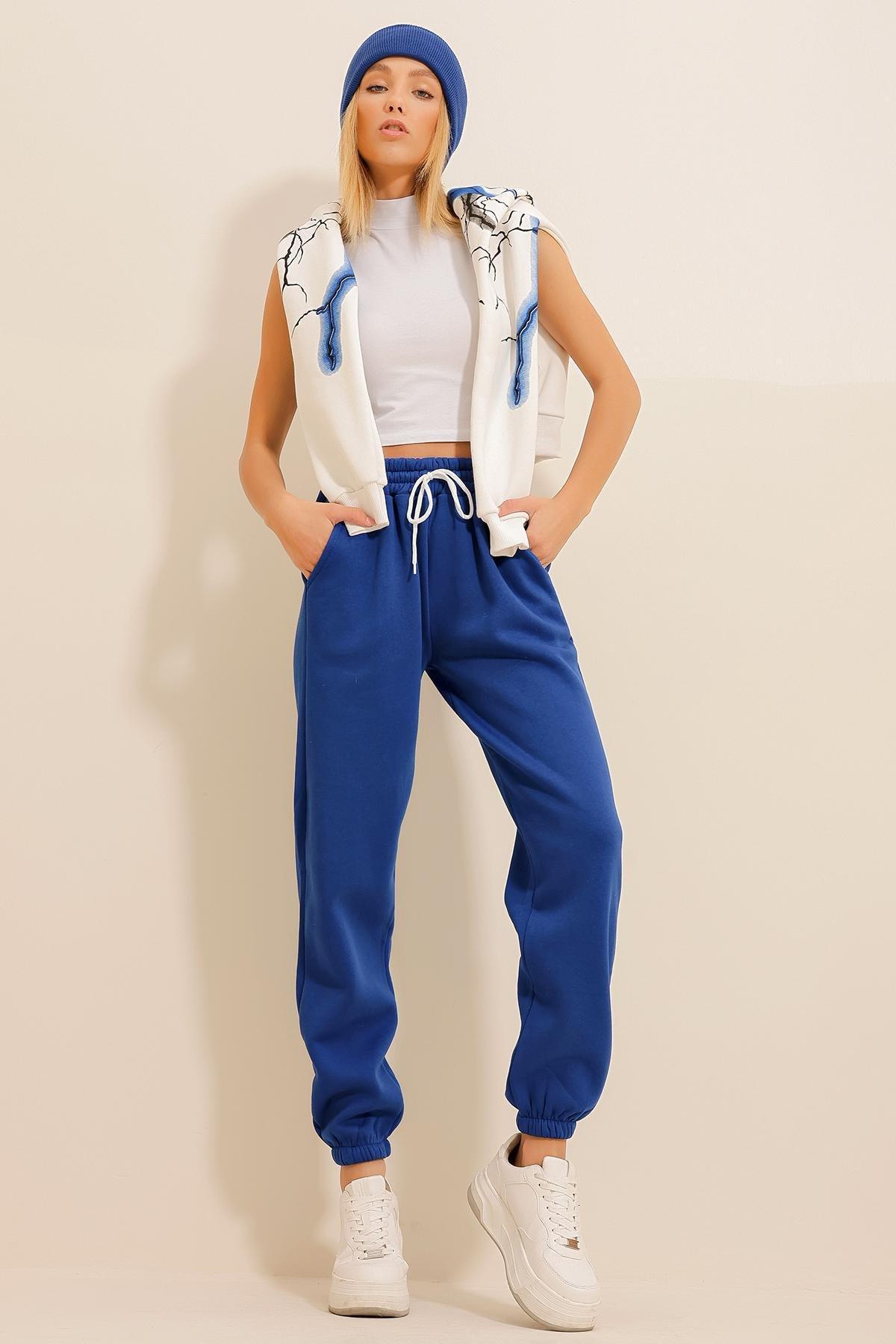 Womens Saks 3 Thread Inner Raised Jogging Sweatpants ALC-X10929, single, Sax, medium