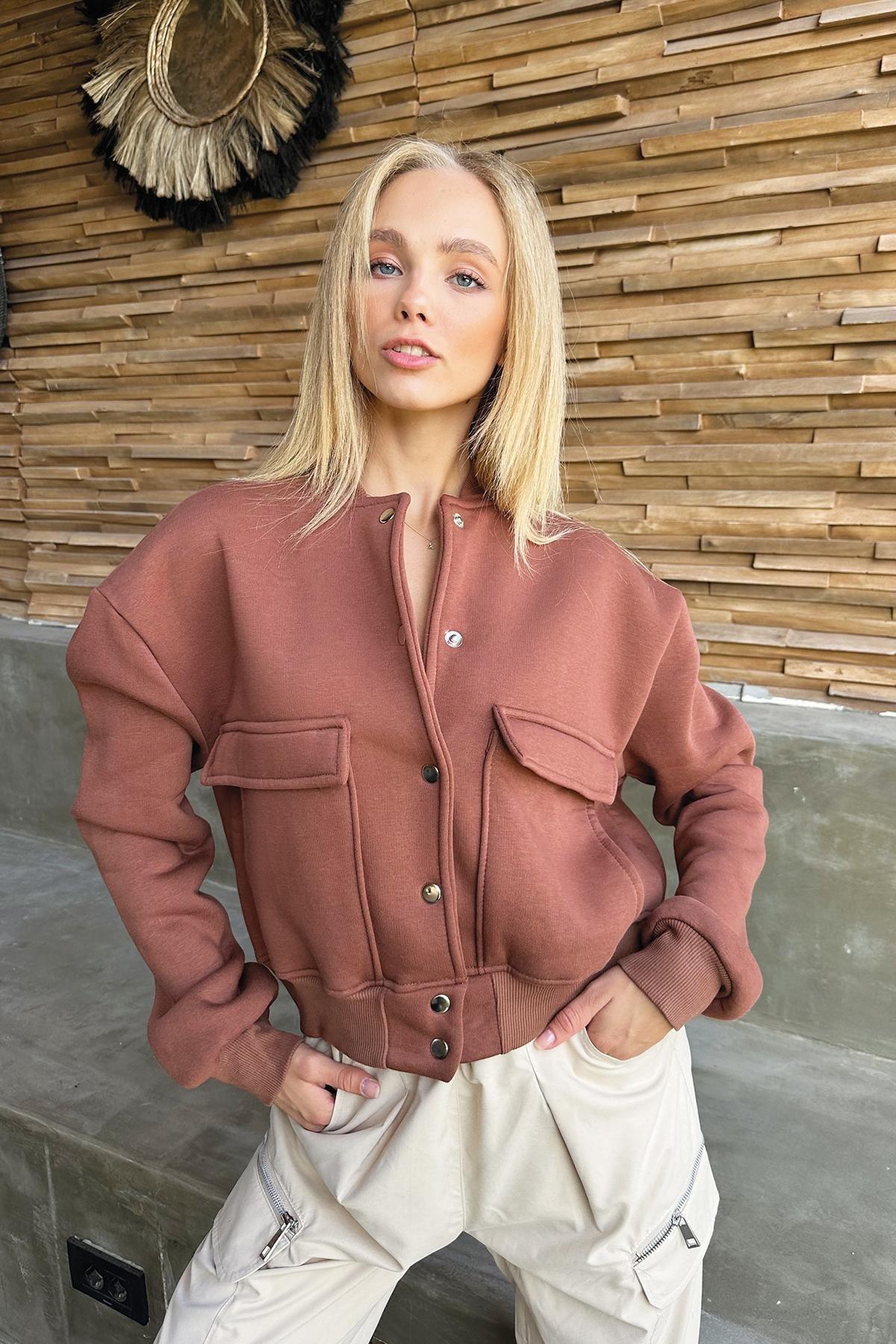 Brown Snap Closure Double Pocket Crop Jacket, , medium