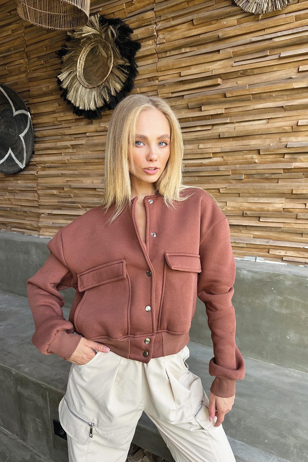 Alacati - Brown Snap Closure Double Pocket Crop Jacket