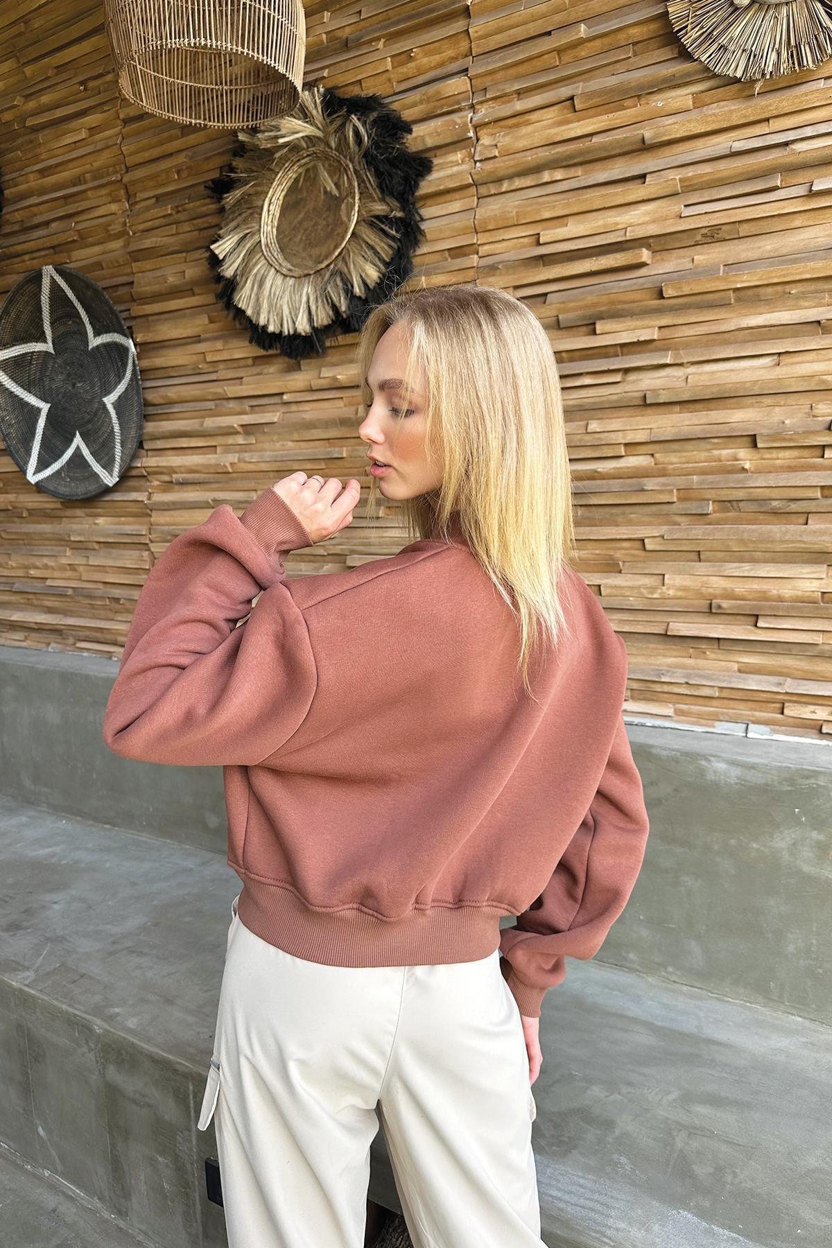 Brown Snap Closure Double Pocket Crop Jacket, , large image number 3