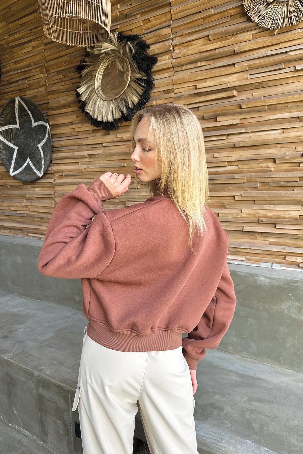 Alacati - Brown Snap Closure Double Pocket Crop Jacket