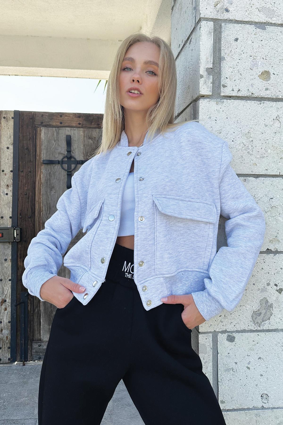 Grey Snap Closure Double Pockets Crop Jacket, , large image number 0