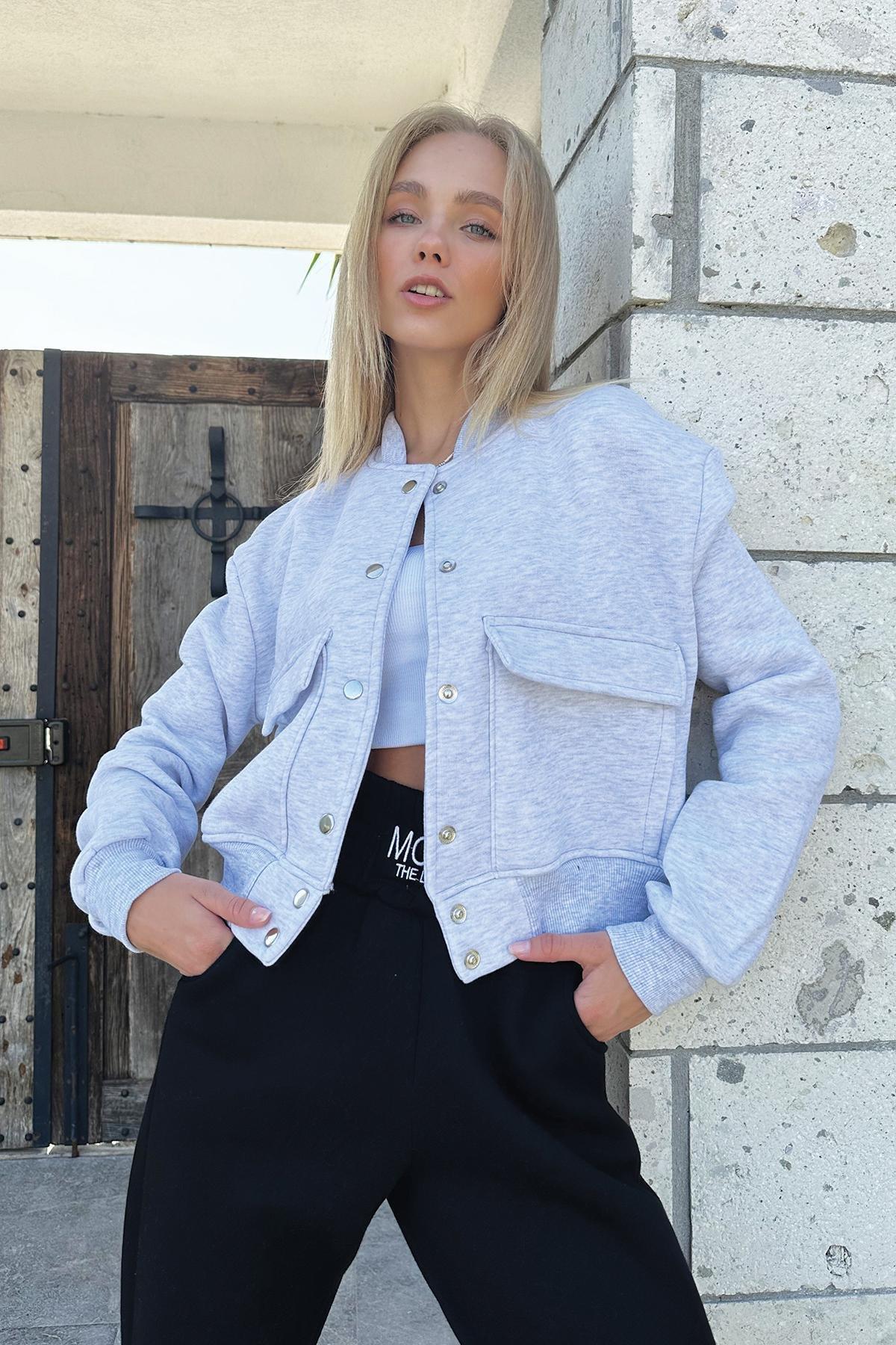 Alacati - Grey Snap Closure Double Pockets Crop Jacket