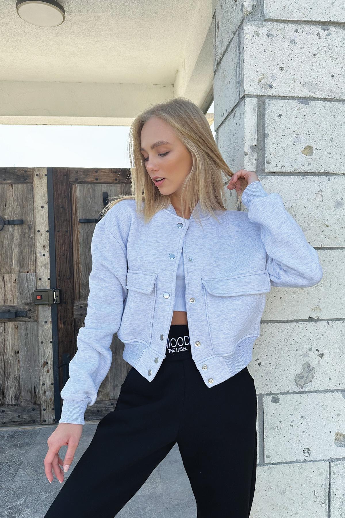 Grey Snap Closure Double Pockets Crop Jacket, , large image number 2