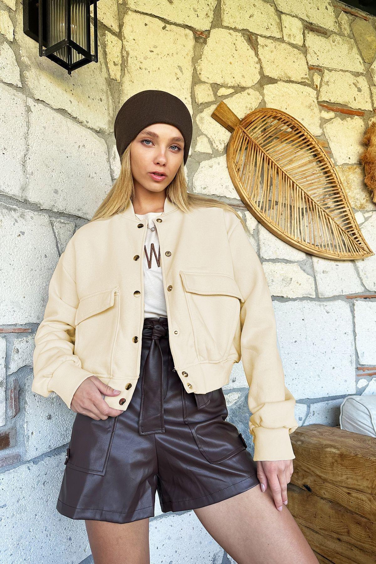 Beige Snap Closure Crop Jacket, , large image number 1