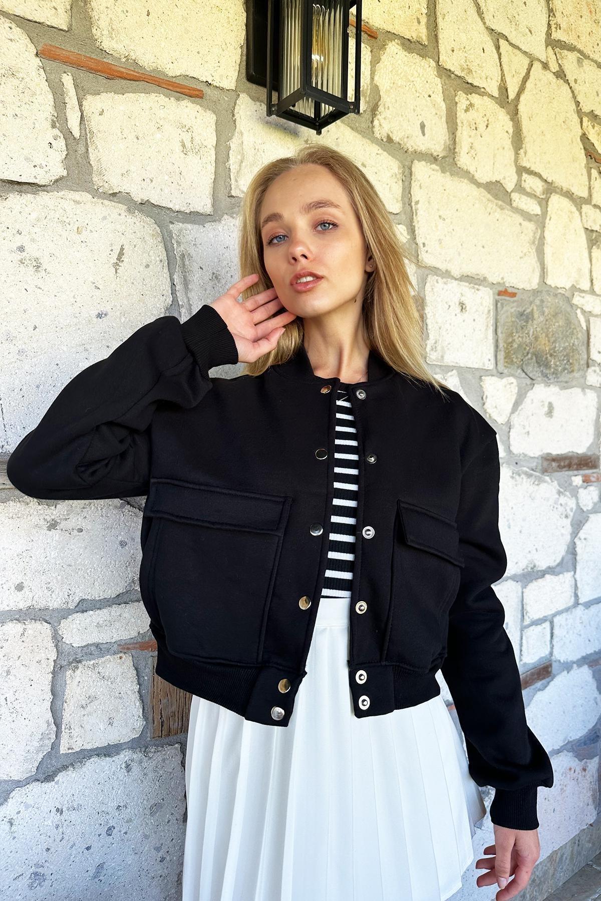 Black Snap Fastener Double Pocket Crop Jacket, C101_30, large image number 0