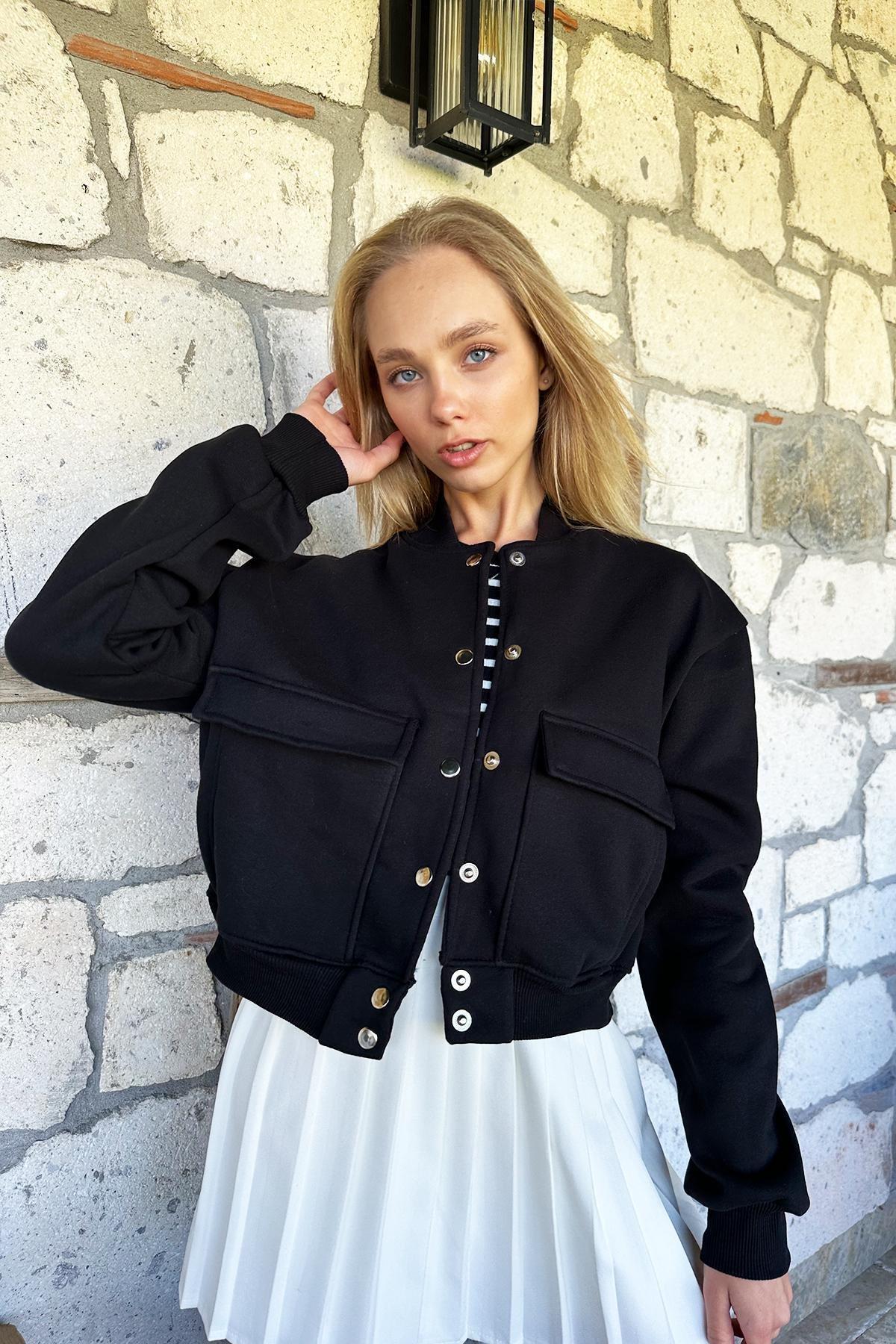 Black Snap Fastener Double Pocket Crop Jacket, C101_30, large image number 1