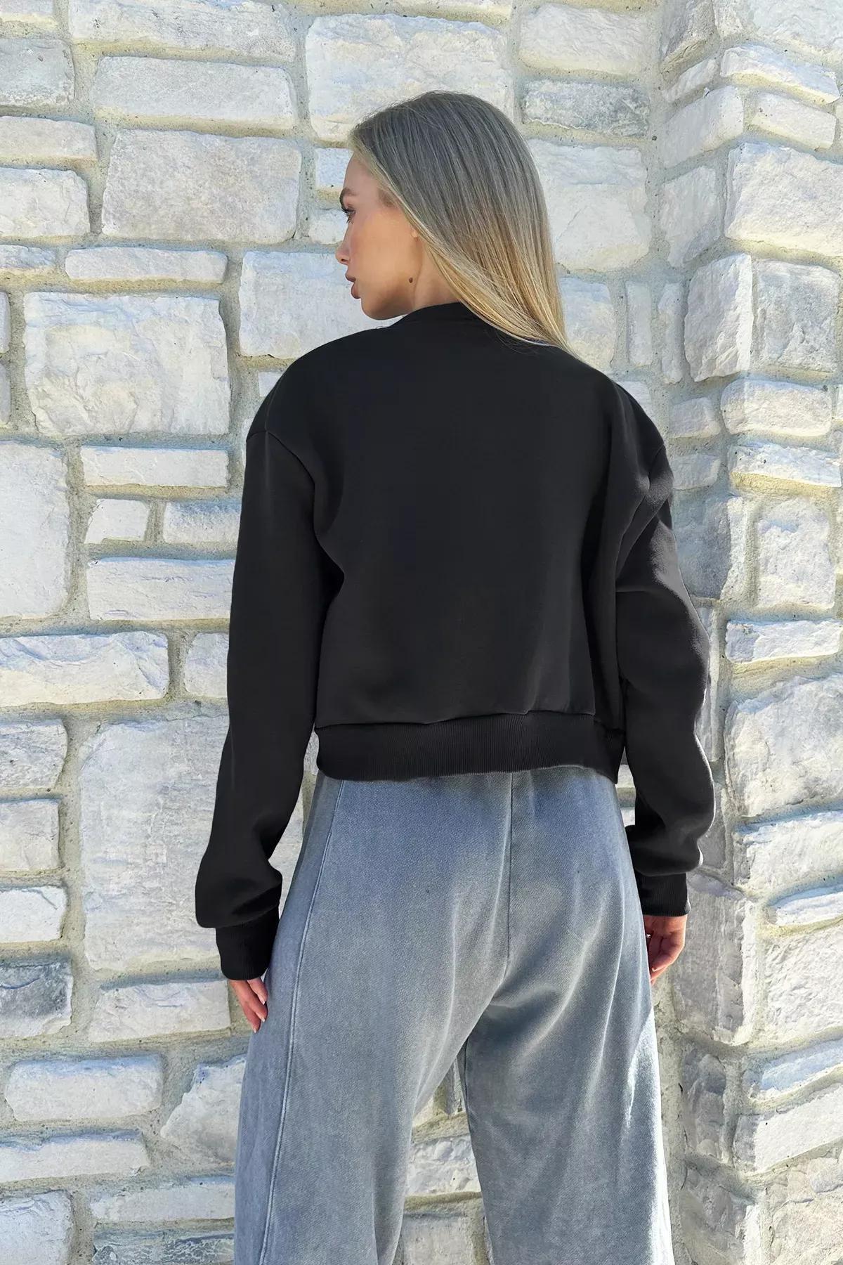 Black Snap Fastener Double Pocket Crop Jacket, BLACK, large image number 3