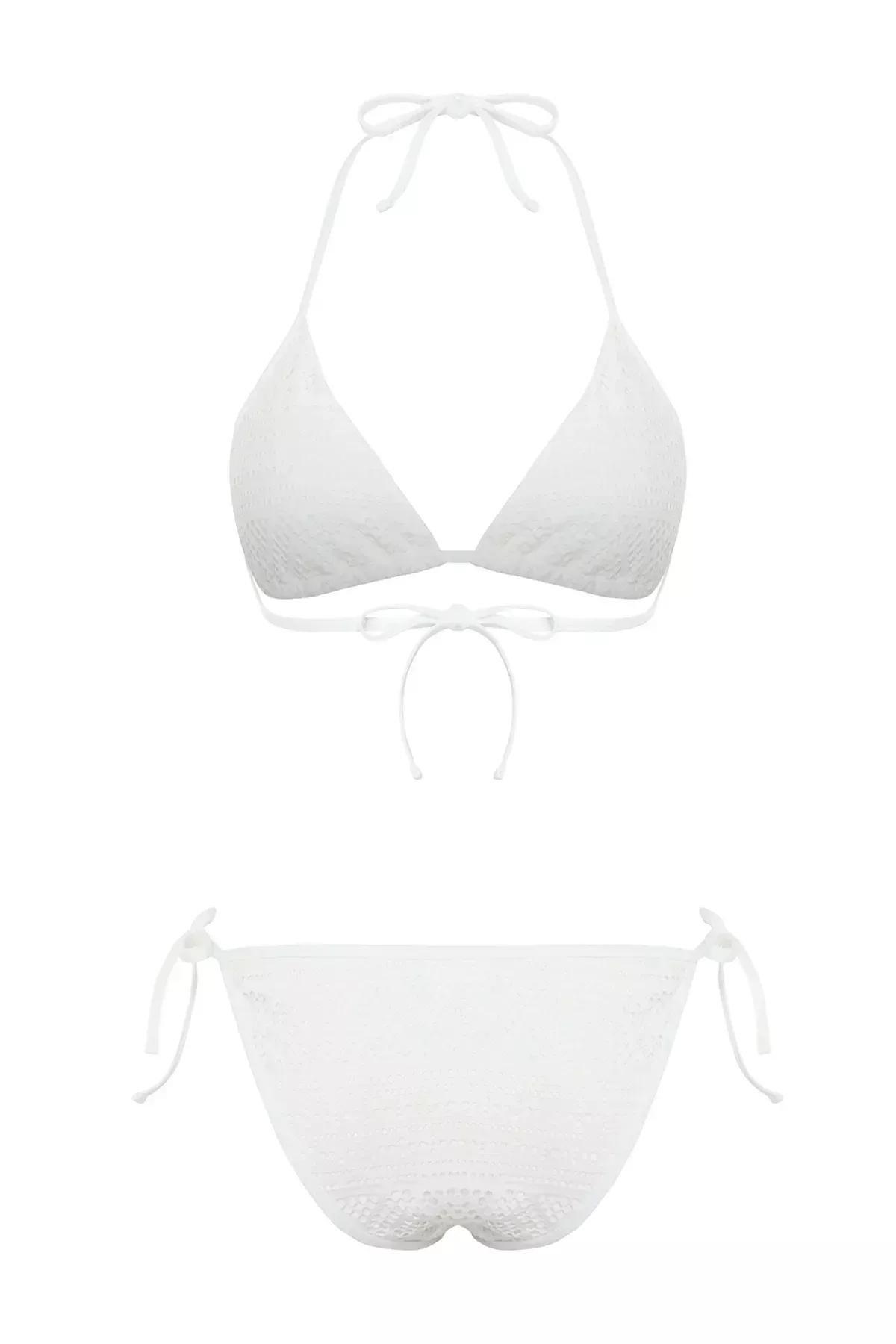 White Triangle Tied Textured Bikini Set, C101_1979, large image number 6