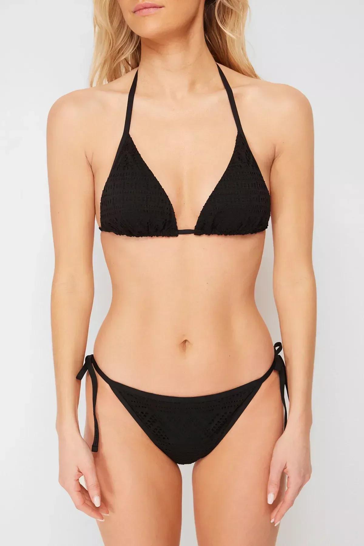 Black Triangle Tied Textured Bikini Set, C101_2094, large image number 3
