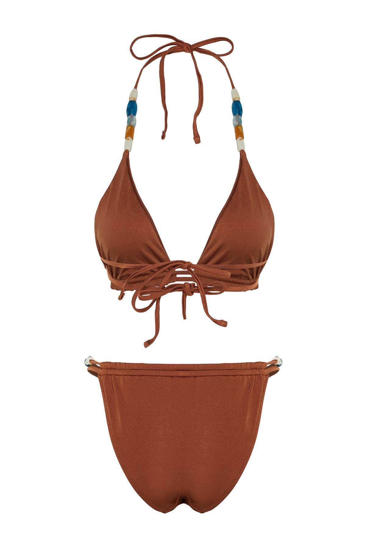 Trendyol - Brown Triangle Accessory Bikini Set
