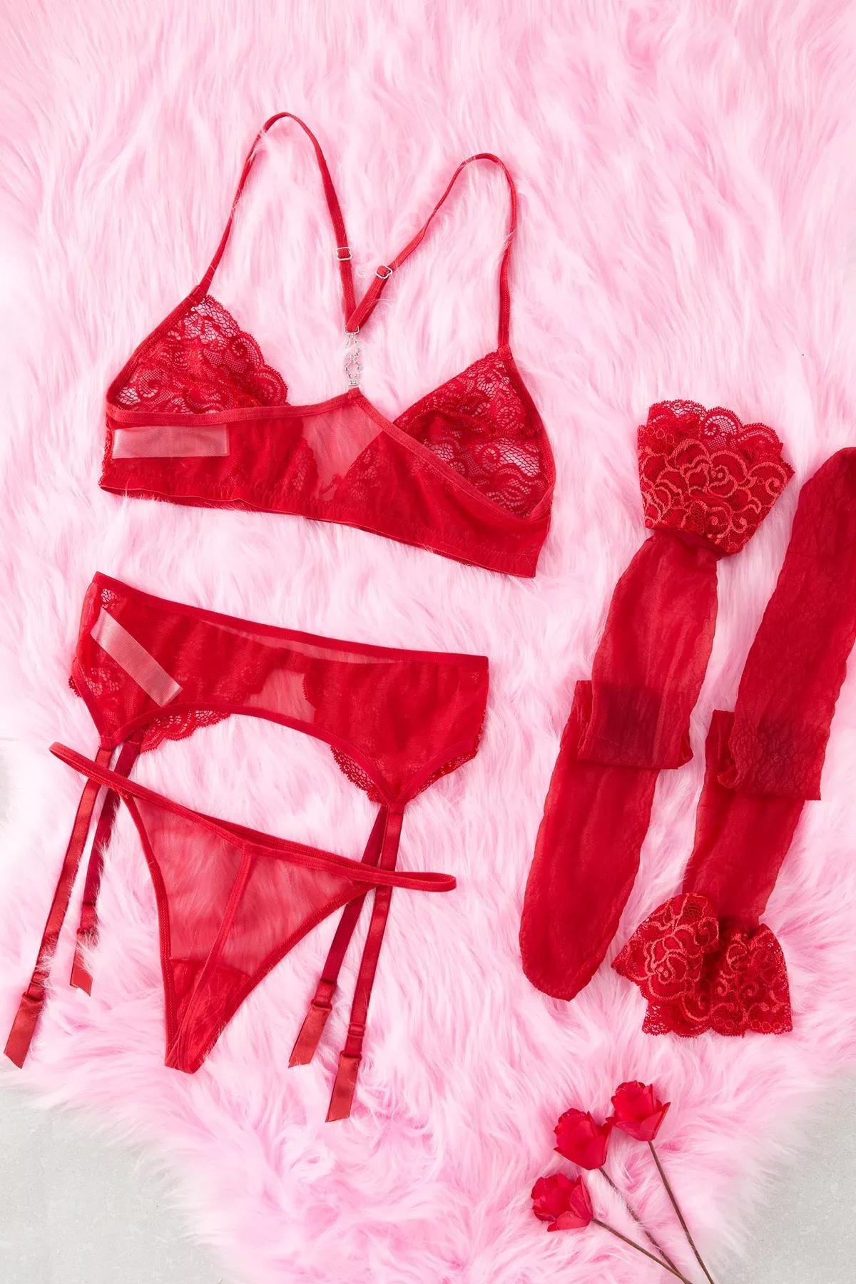 Red Lace Lingerie Set, set of 4, , large image number 1