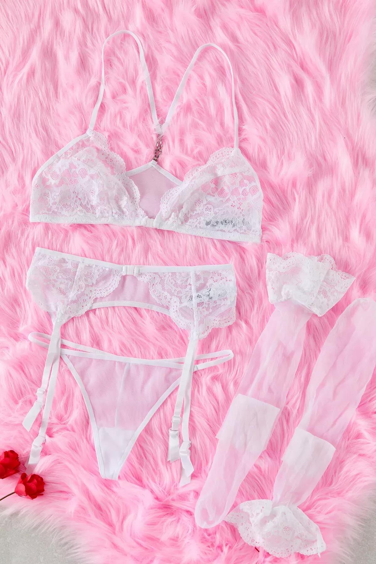 White Lace Garter Belt & Stockings Set, , large image number 0
