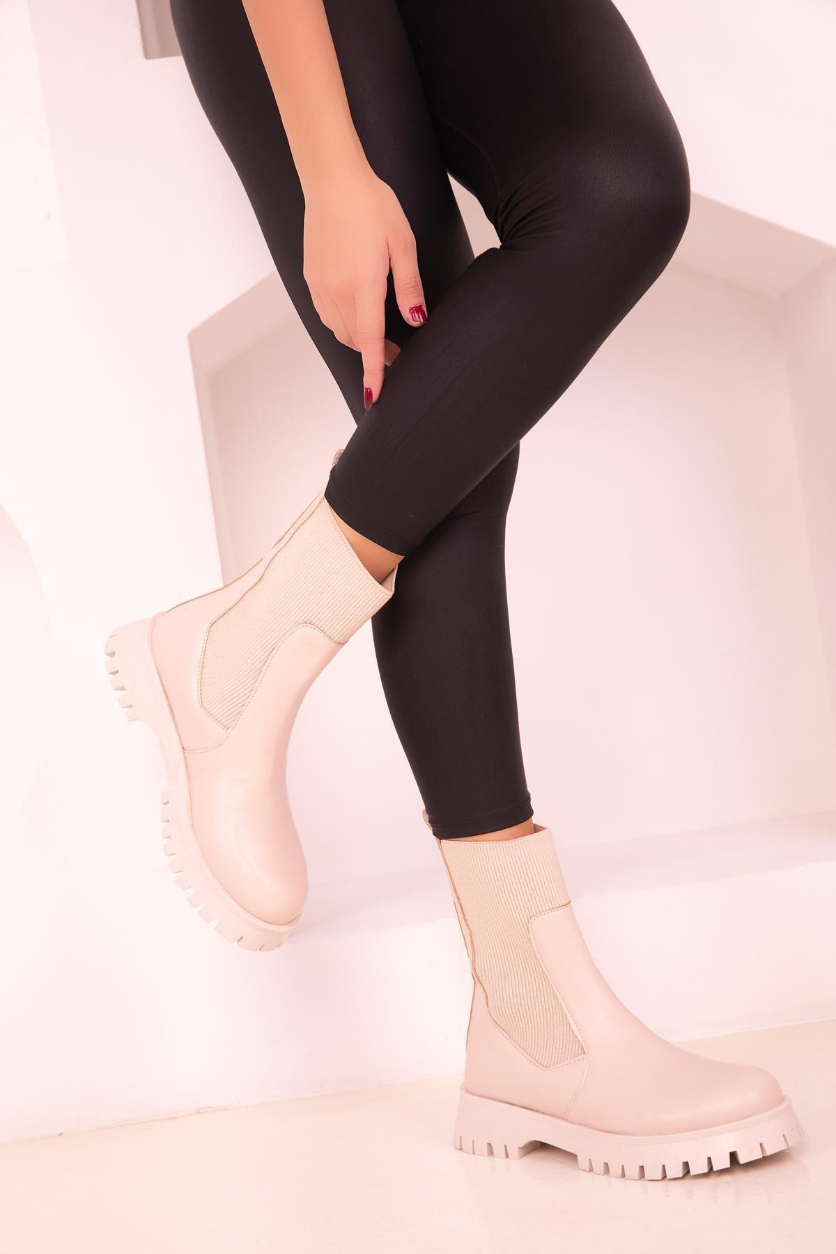 Beige Faux Leather Boots, , large image number 1