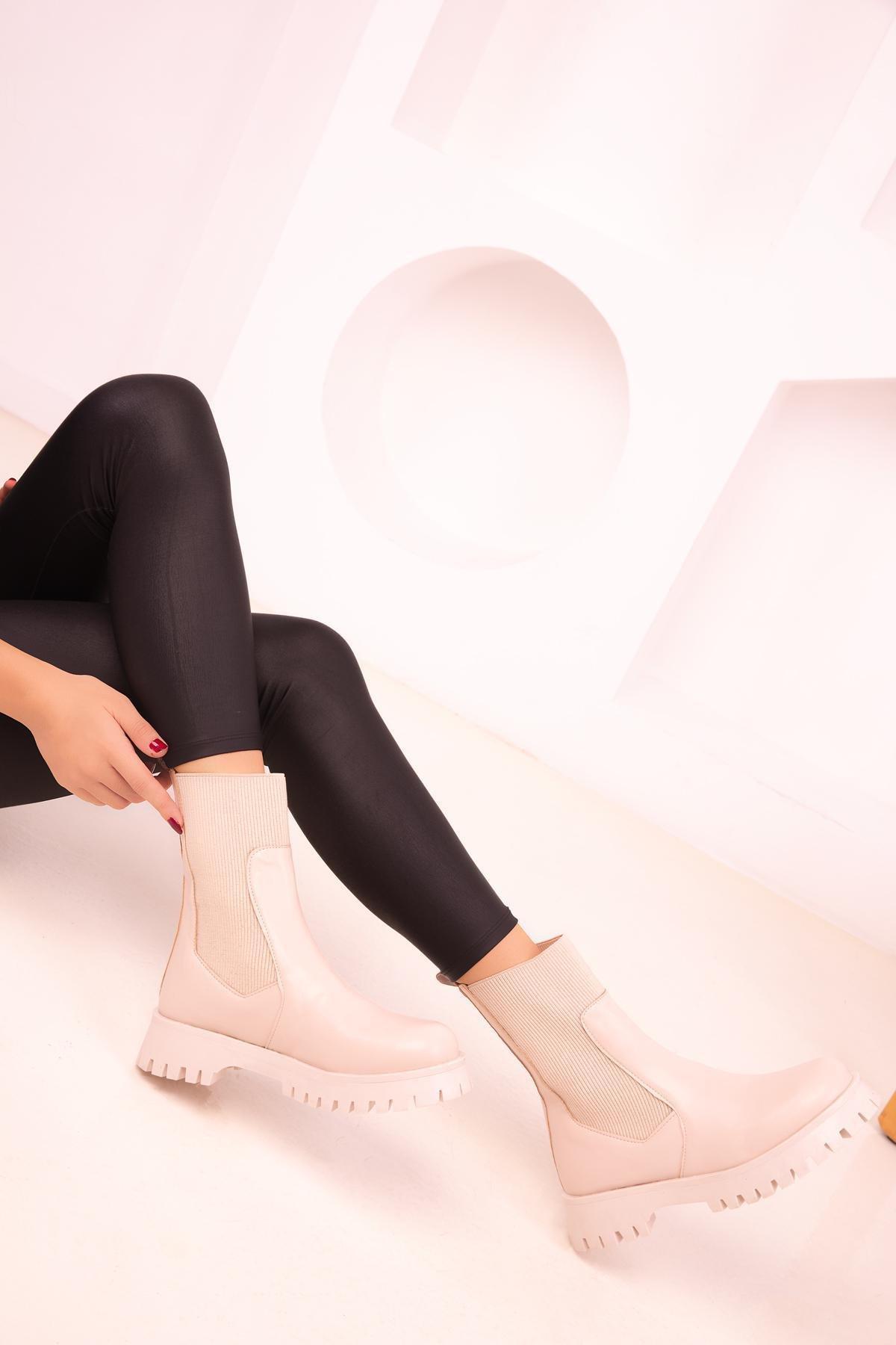 Beige Faux Leather Boots, , large image number 2