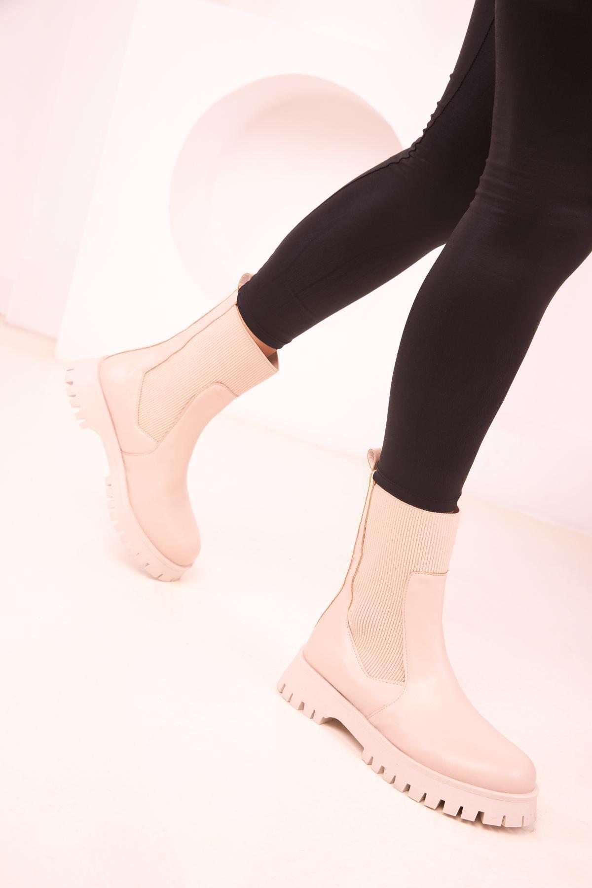 Beige Faux Leather Boots, , large image number 3