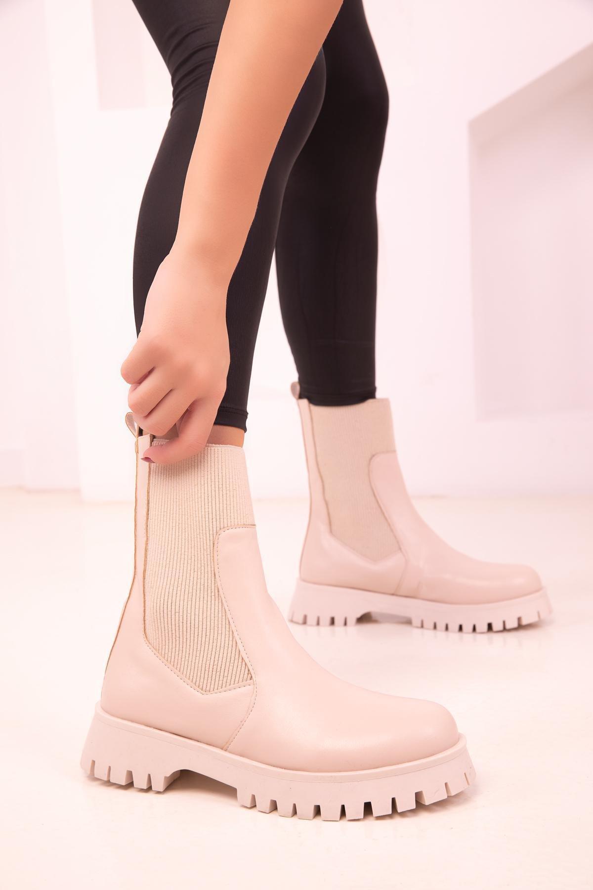 Beige Faux Leather Boots, , large image number 4