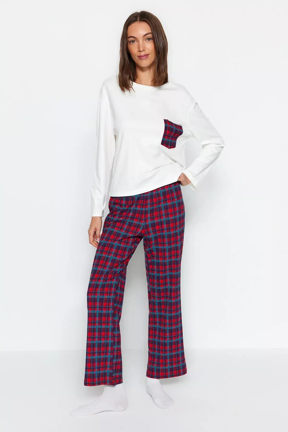 Premium White 100% Cotton Plaid T-shirt-Pants Knitted Pajamas Set THMAW24PT00228, 2 pcs, White, large image number 0
