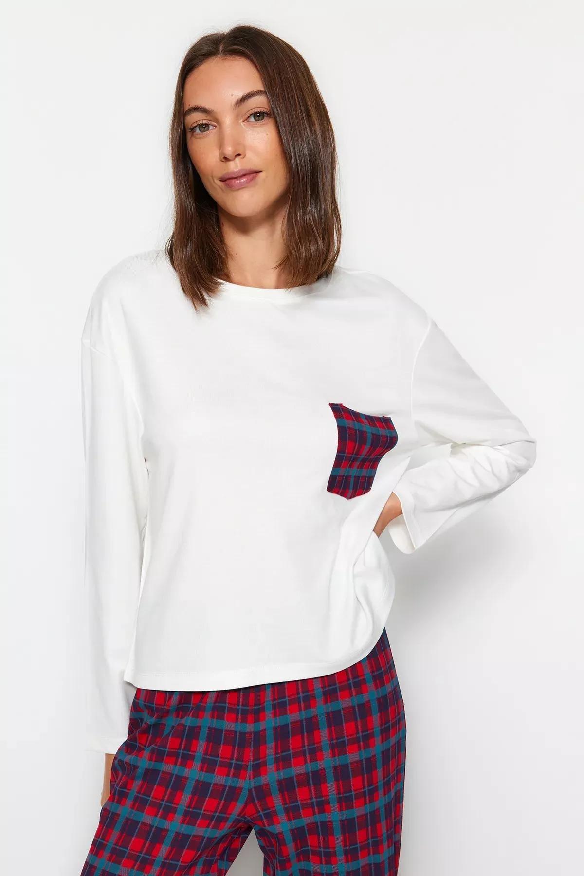 Premium White 100% Cotton Plaid T-shirt-Pants Knitted Pajamas Set THMAW24PT00228, 2 pcs, White, large image number 1