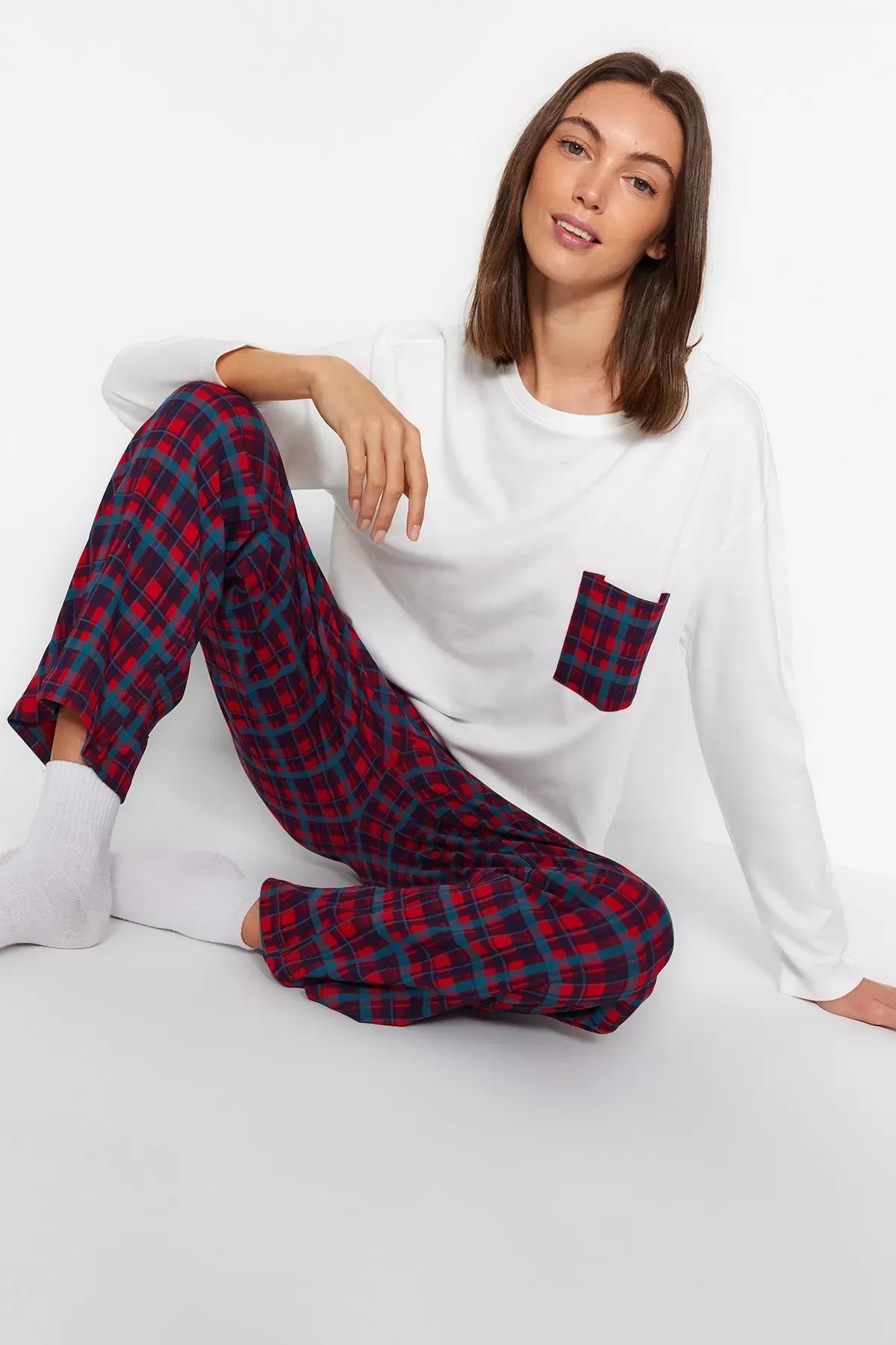 Premium White 100% Cotton Plaid T-shirt-Pants Knitted Pajamas Set THMAW24PT00228, 2 pcs, White, large image number 2