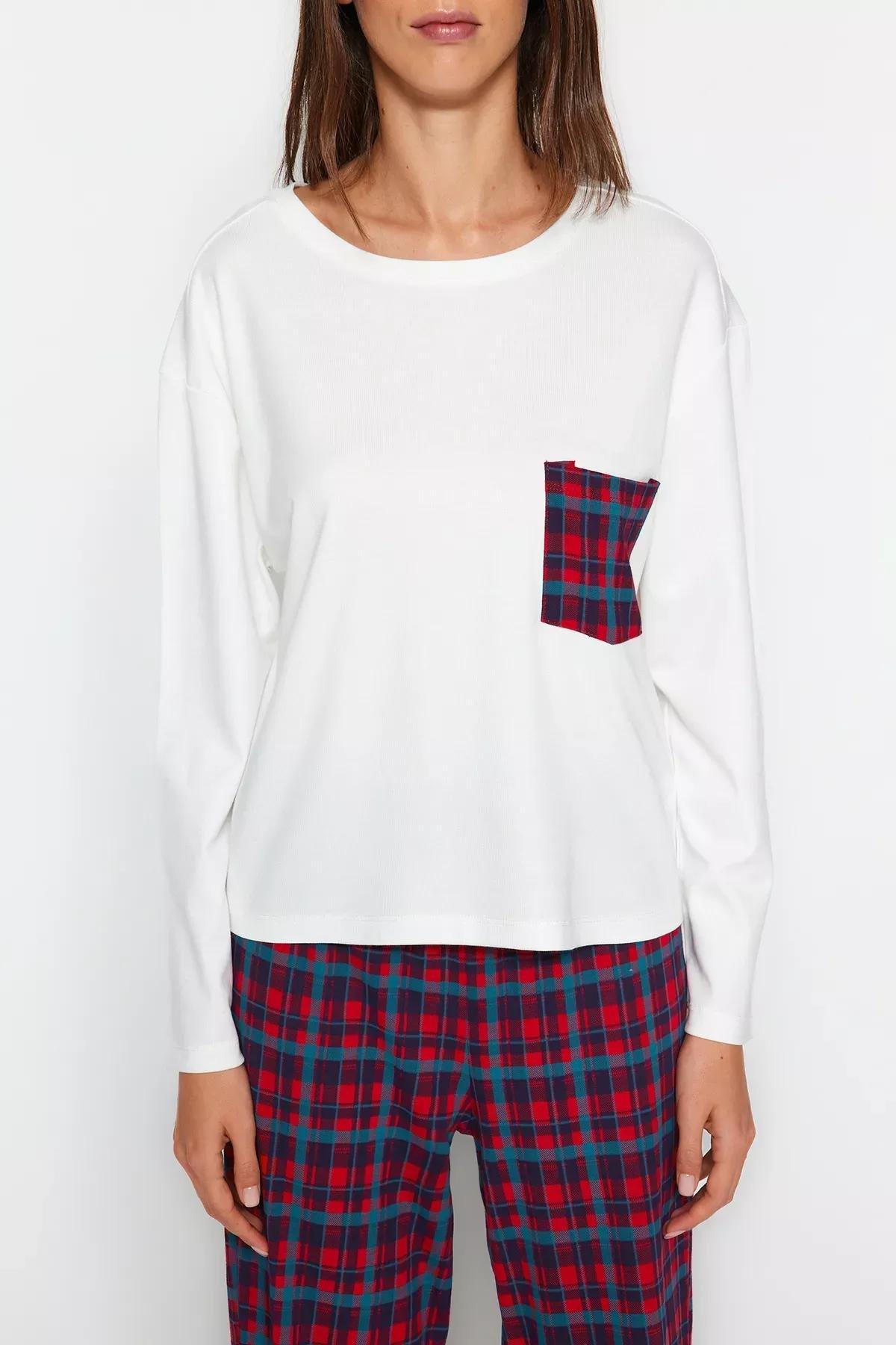 Premium White 100% Cotton Plaid T-shirt-Pants Knitted Pajamas Set THMAW24PT00228, 2 pcs, White, large image number 3