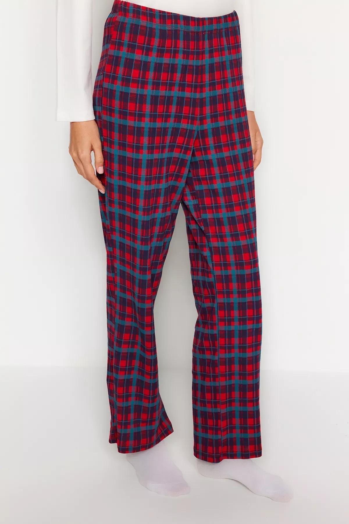 Premium White 100% Cotton Plaid T-shirt-Pants Knitted Pajamas Set THMAW24PT00228, 2 pcs, White, large image number 5