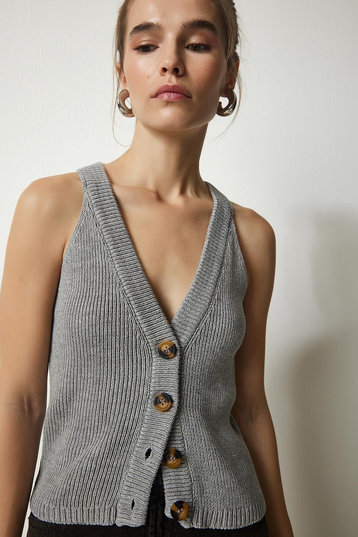 Grey Halter Neck Buttoned Knitwear Vest, C101_1653, large image number 0