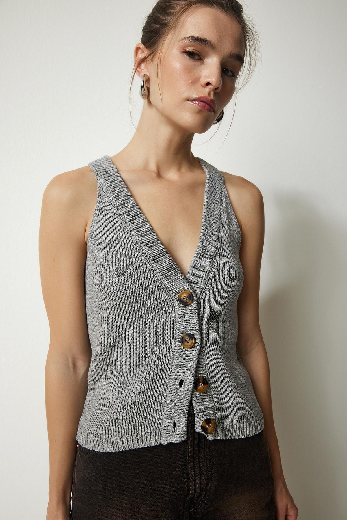 Grey Halter Neck Buttoned Knitwear Vest, C101_1653, large image number 2